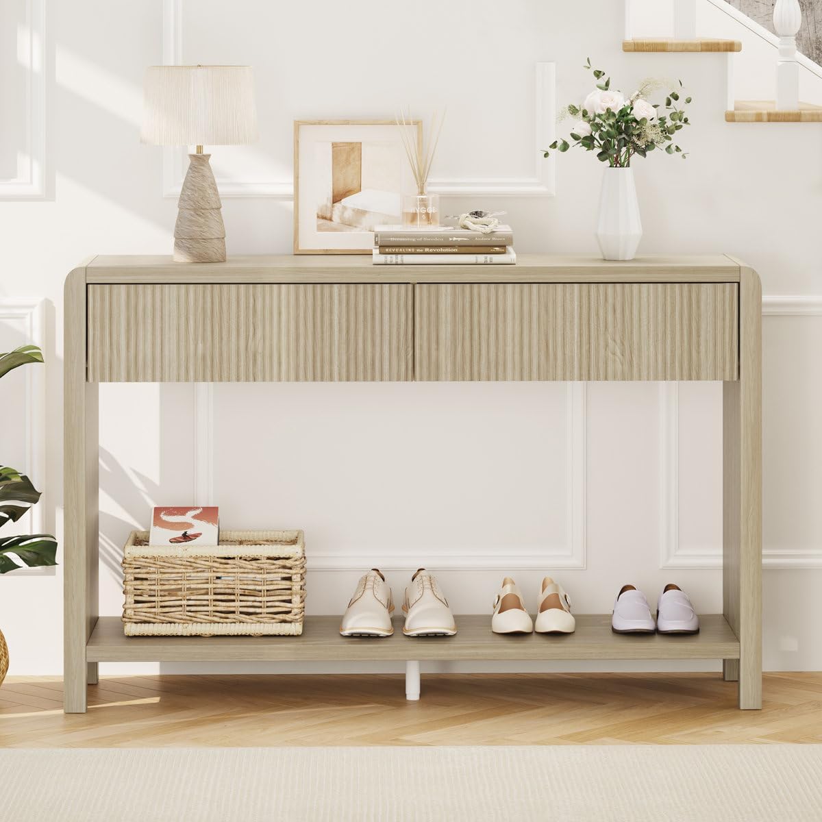 FATORRI Console Table for Entryway Storage, Wood Sofa Tables for Living Room, Couch Table with 2 Drawers for Hallway (47.2 inch, Light Walnut)