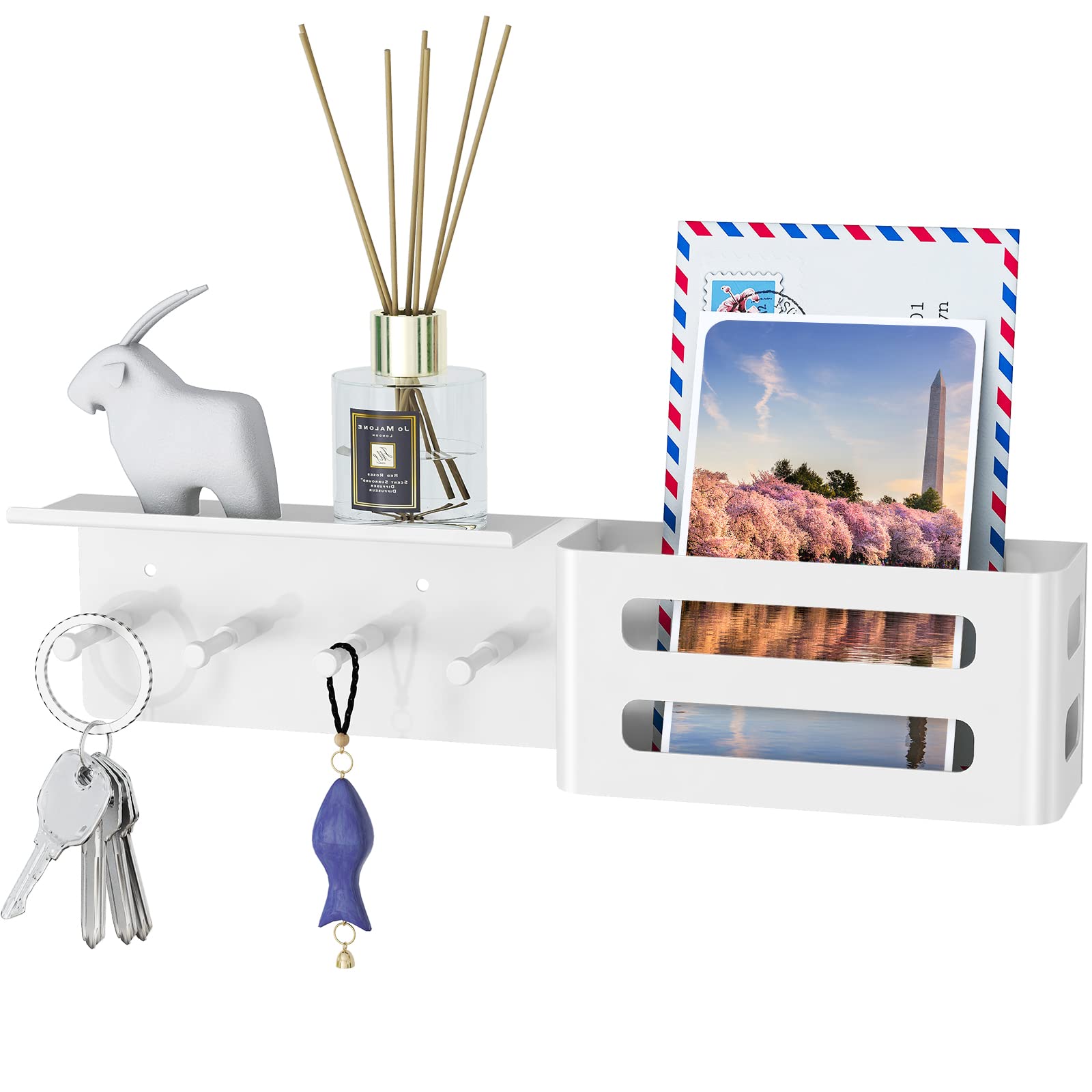 MKO Key Holder Wall Mount, Key Holder Wall Mount Adhesive with Mail Organizer Tray with 6 Key Hooks for Wall, Black