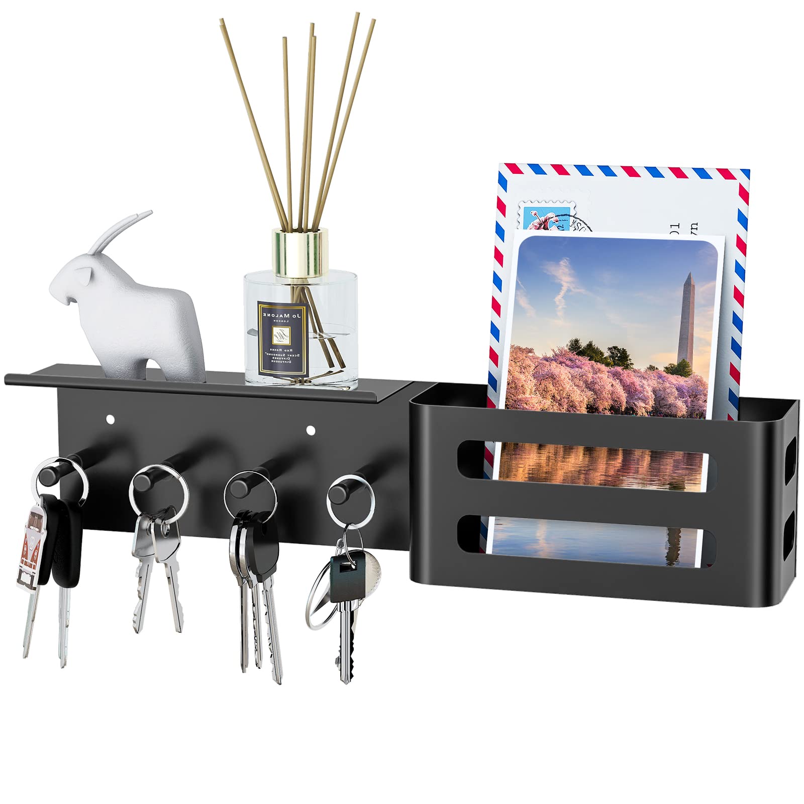 MKO Key Holder Wall Mount, Key Holder Wall Mount Adhesive with Mail Organizer Tray with 6 Key Hooks for Wall, Black