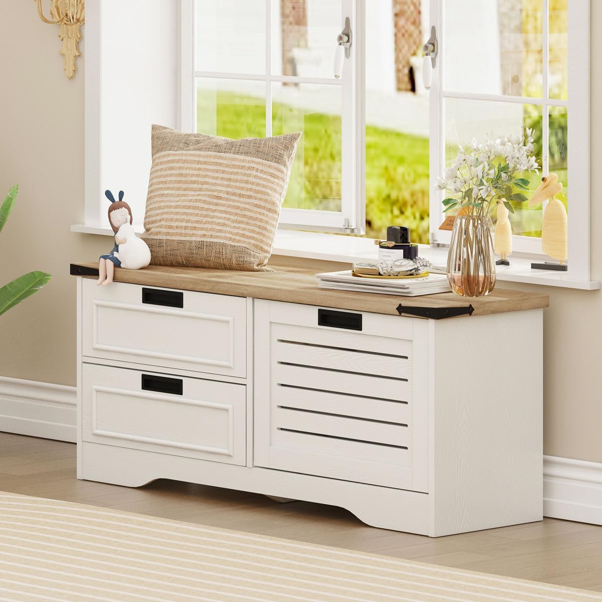 FATORRI Shoe Storage Bench, Entryway Bench with Flip Drawer, Wooden Entry Way Shoe Cabinet for Living Room Hallway (Rustic Oak+White Oak)