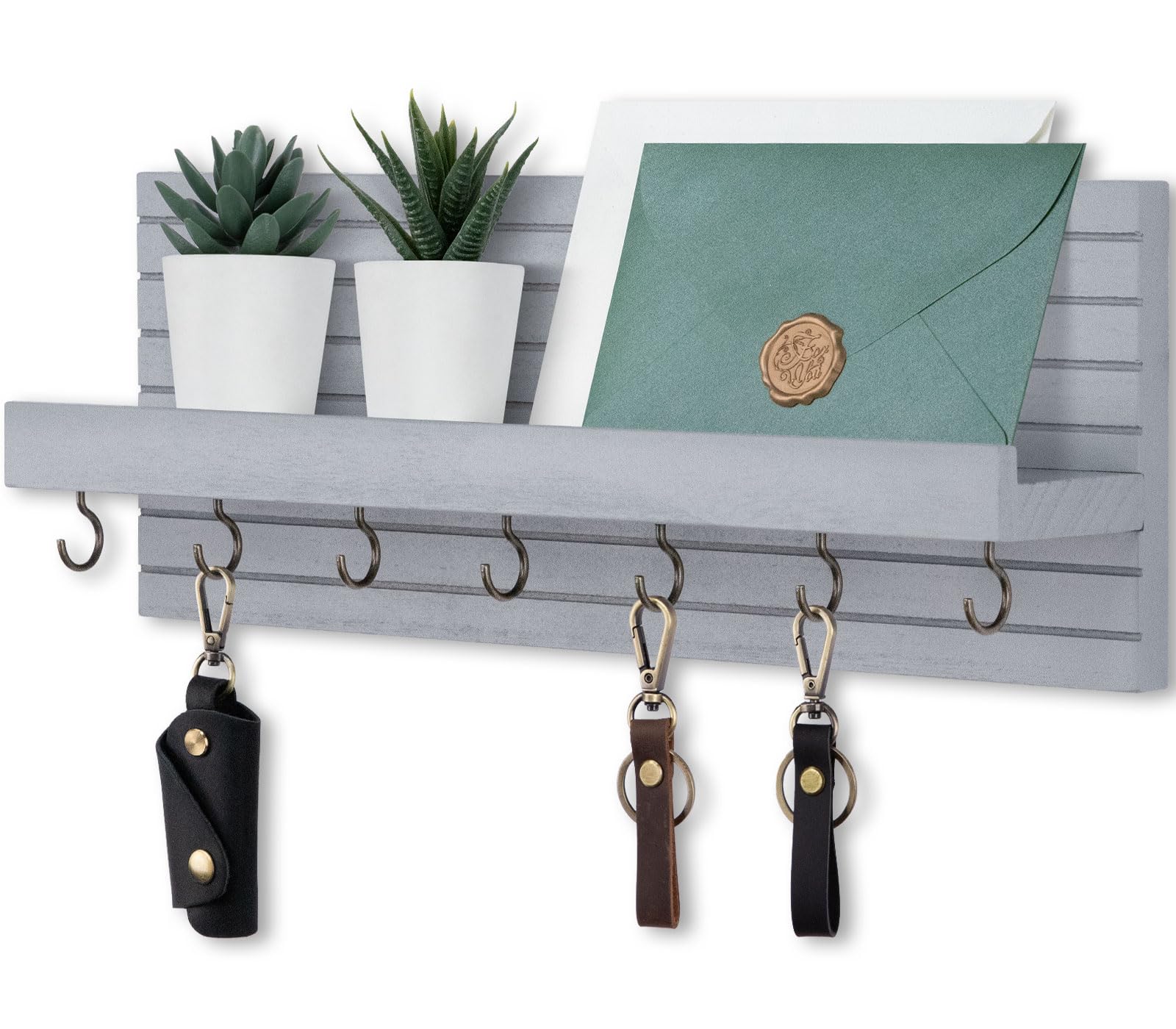 Lwenki Decorative Key Holder for Wall with Shelf, Entryway Shelf with Hooks Holds Leashes, Jackets and Glasses – Sturdy Wood Keyholder Entrance Hanger with Mounting Hardware (Black, Medium)