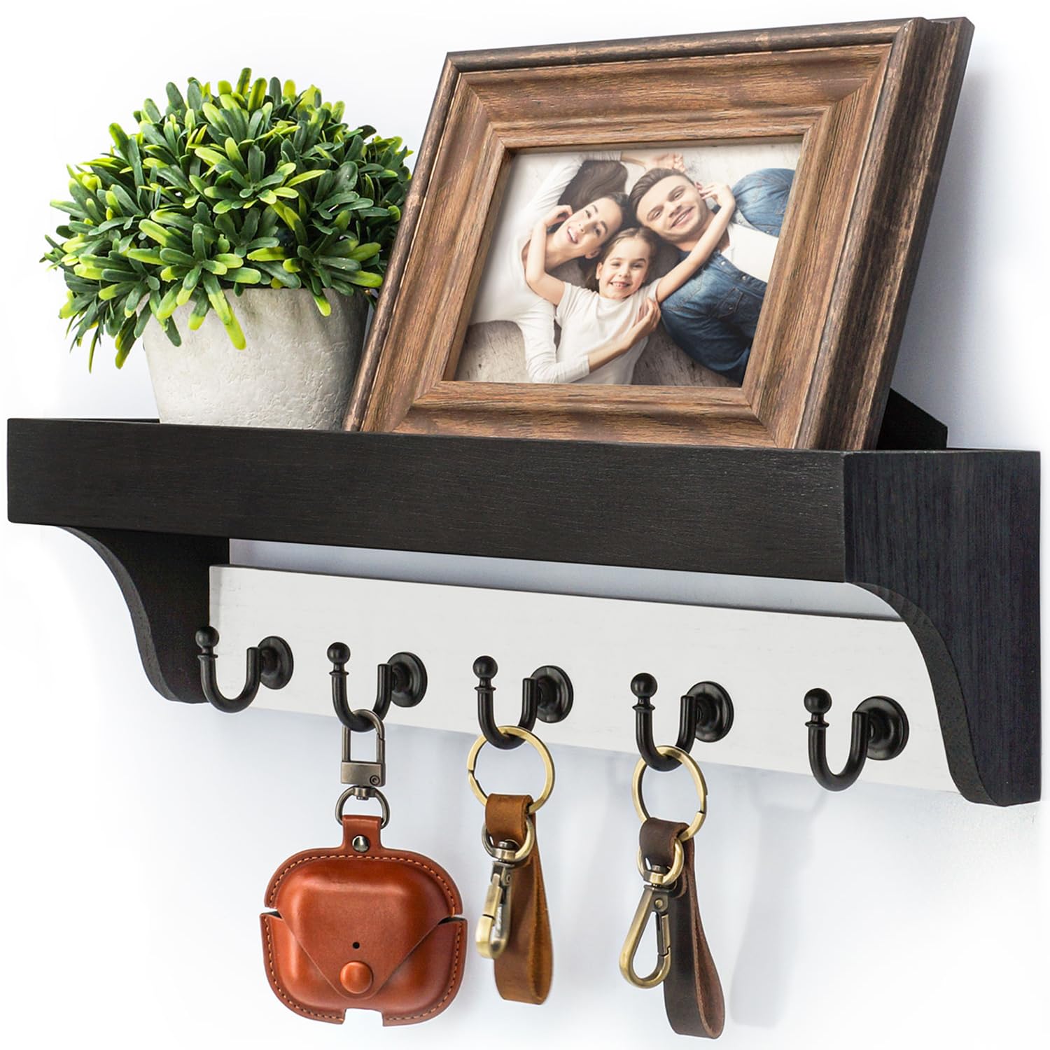 Rebee Vision Farmhouse Key Holder for Wall - Decorative Wooden Mail Organizer with 5 Rustic Key Hooks and Floating Shelf for Home Decor, Hallway, Entryway, Appartment (Retro Brown)