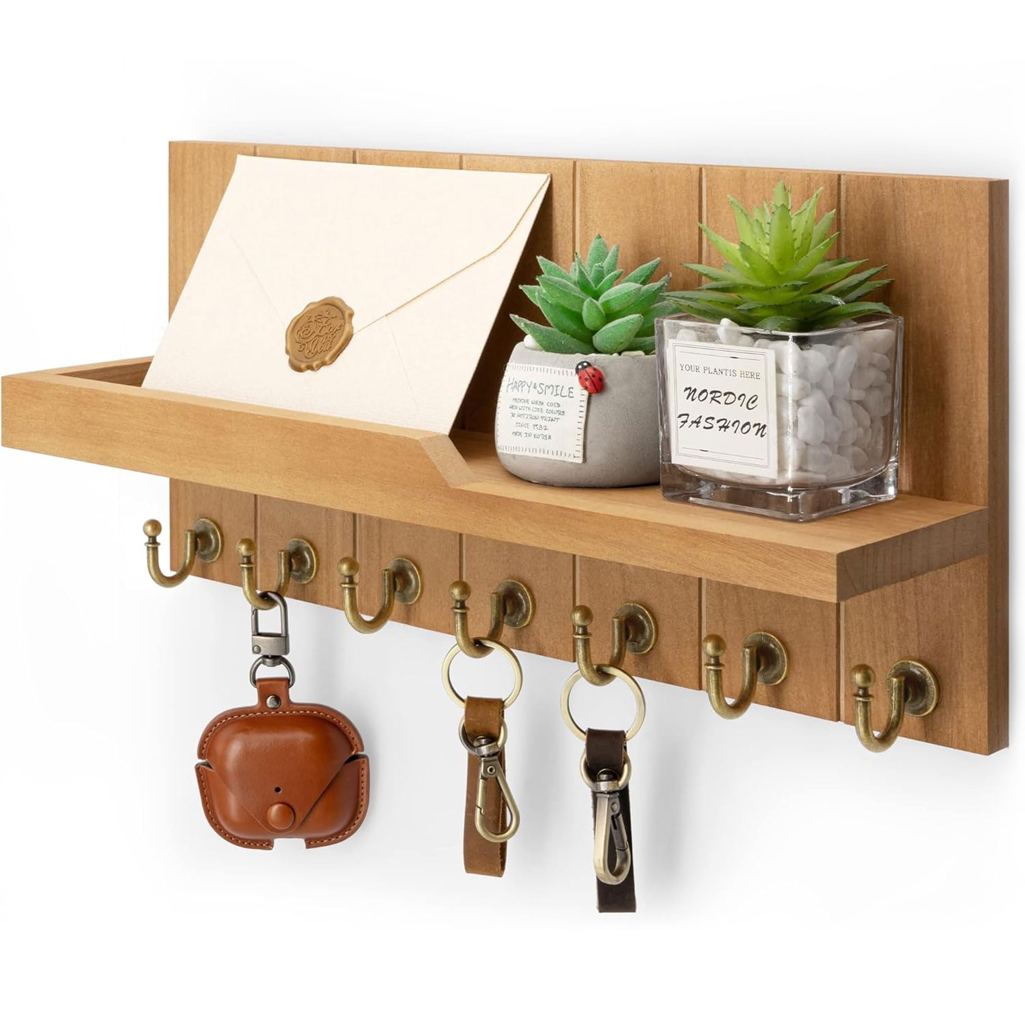 Rebee Vision Decorative Key Holder Wall Mount - Rustic Key Holder for Wall with Shelf and Mail Organizer for Living Room Decor - Home Essentials for Home Improvement (Brown, 3.54" x 10" x 7.28")