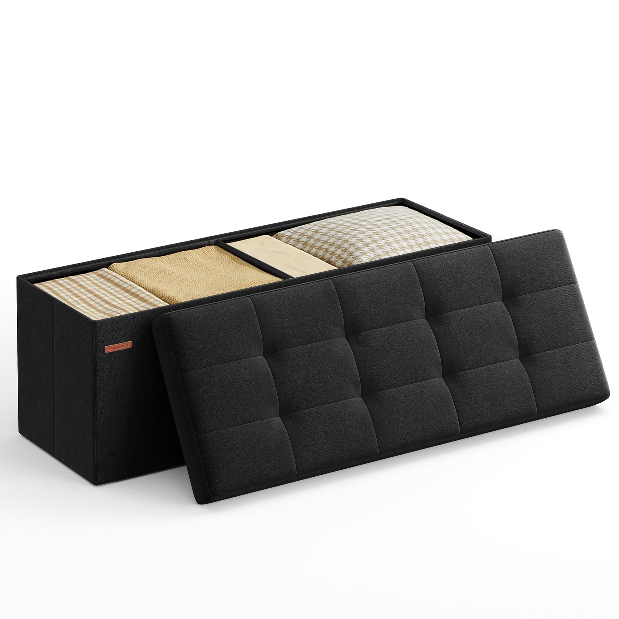 SONGMICS MAZIE Collection - 43 Inches Folding Storage Ottoman Bench, Ottoman Foot Rest, End of Bed Bench, Storage Chest, Load 660 lb, for Living Room, Bedroom, Entryway, Dark Gray ULSF77K