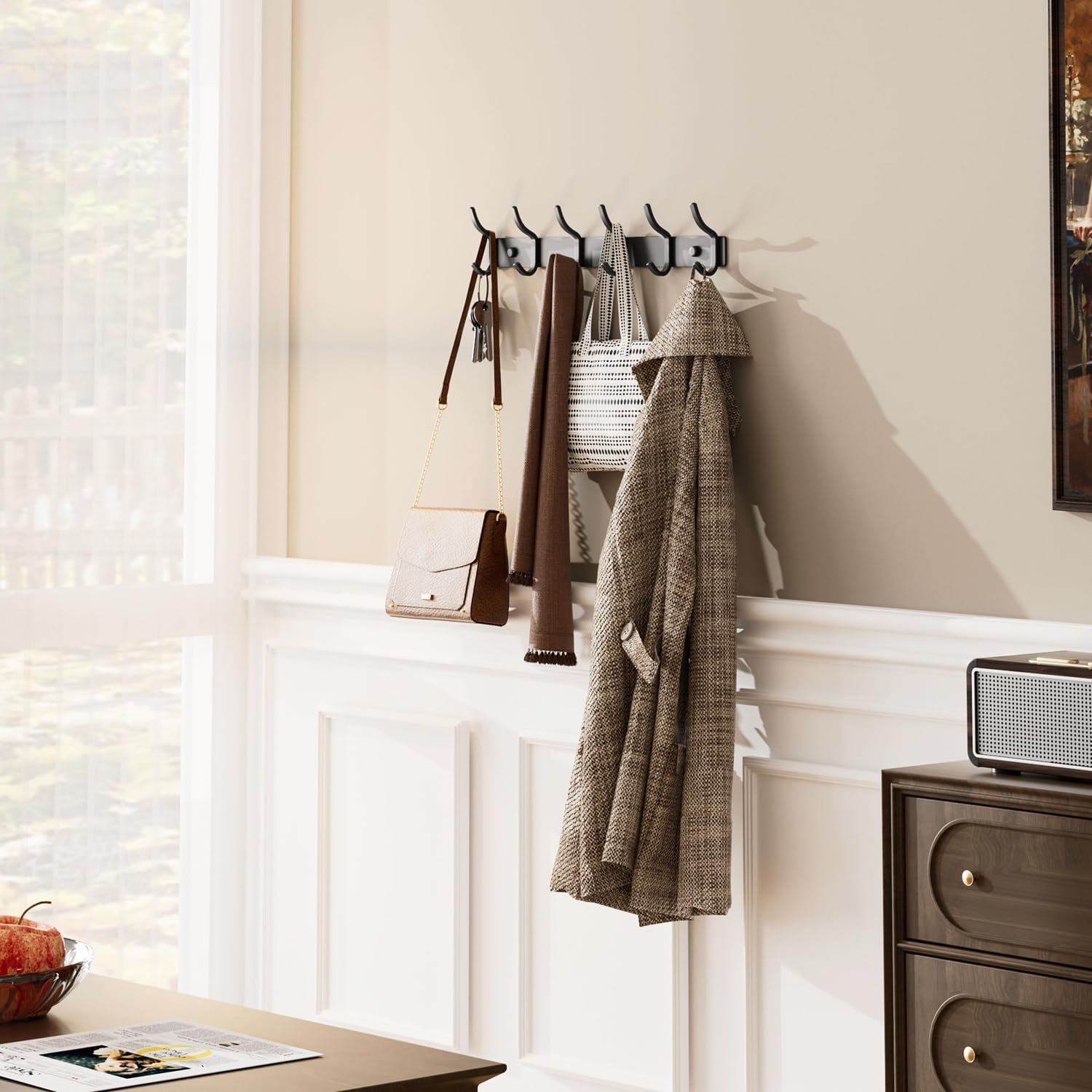 GWAAZXGZ Black Coat Rack Wall Mount - 15 Inch Arc Shaped Design with 6 Hooks for Hanging Coats, Bags, and Towels in Entryway, Livingroom, Bedroom, Bathroom, and Kitchen, 1 Pack