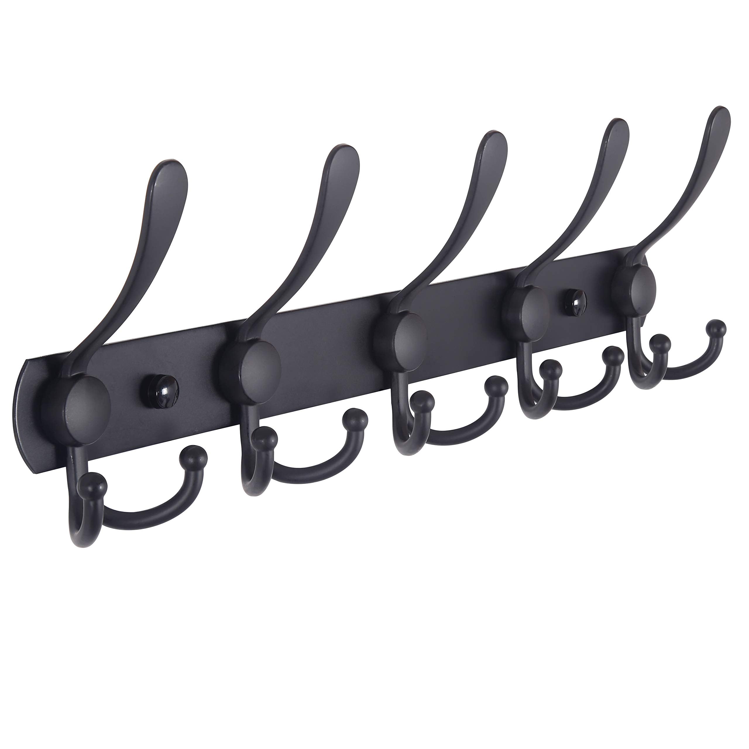 Dseap Coat Rack Wall Mounted - 5 Tri Hooks, Heavy Duty, Stainless Steel, Metal Coat Hook Rail for Coat Hat Towel Purse Robes Mudroom Bathroom Entryway (Black, 2 Packs)