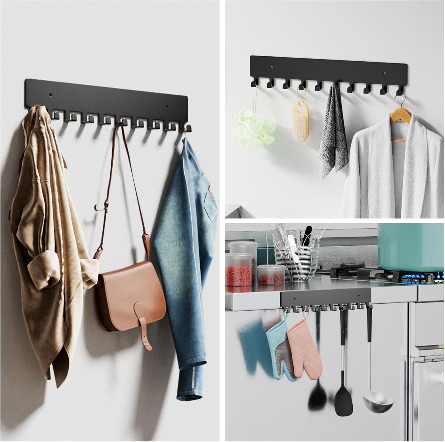 GTK Key Holder for Wall, Key Hooks with 10 Hooks, Wall Mounted Key Holder for Hallway, Self Adhesive Key Rack(Black)