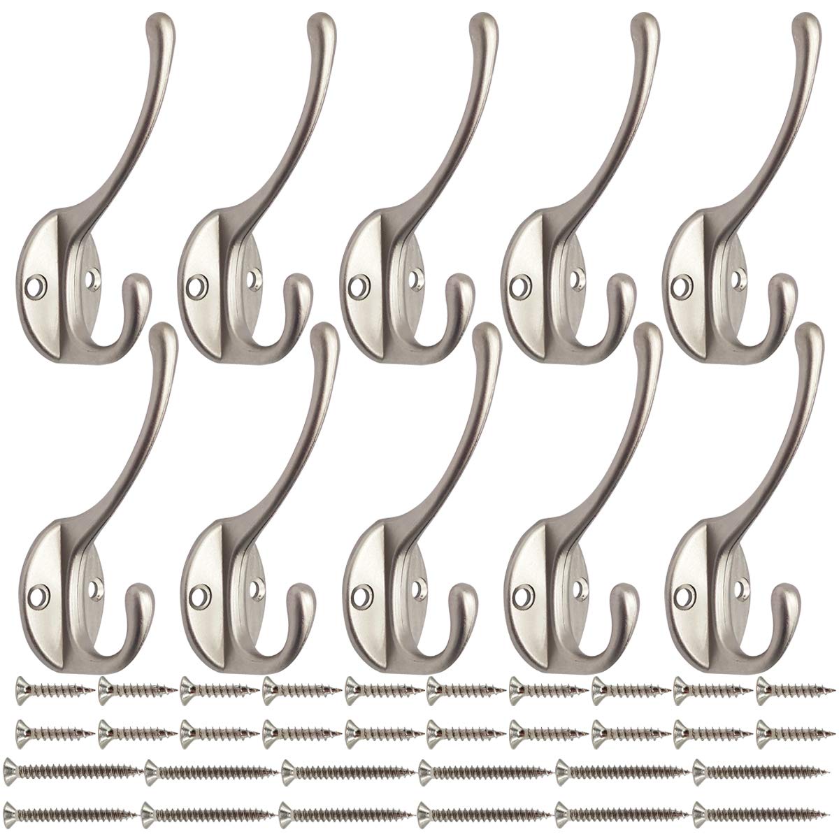 IBosins 10 Pack Dual Coat Hooks Wall Mounted with 40 Screws Retro Double Hooks Utility Black No Rust Hooks for Coat, Scarf, Bag, Towel, Key, Cap, Cup, Hat (Black)