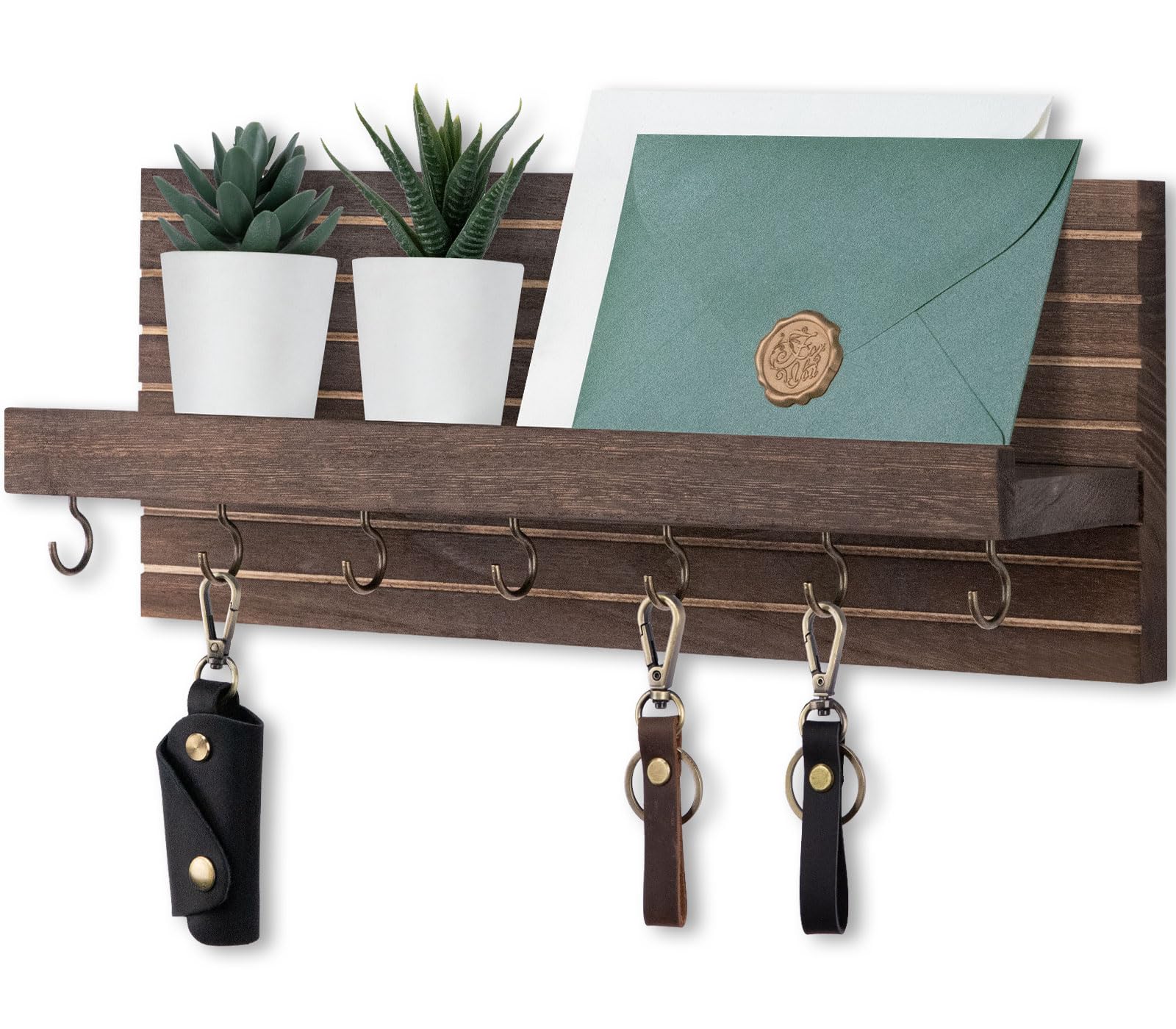 Lwenki Decorative Key Holder for Wall with Shelf, Entryway Shelf with Hooks Holds Leashes, Jackets and Glasses – Sturdy Wood Keyholder Entrance Hanger with Mounting Hardware (Black, Medium)