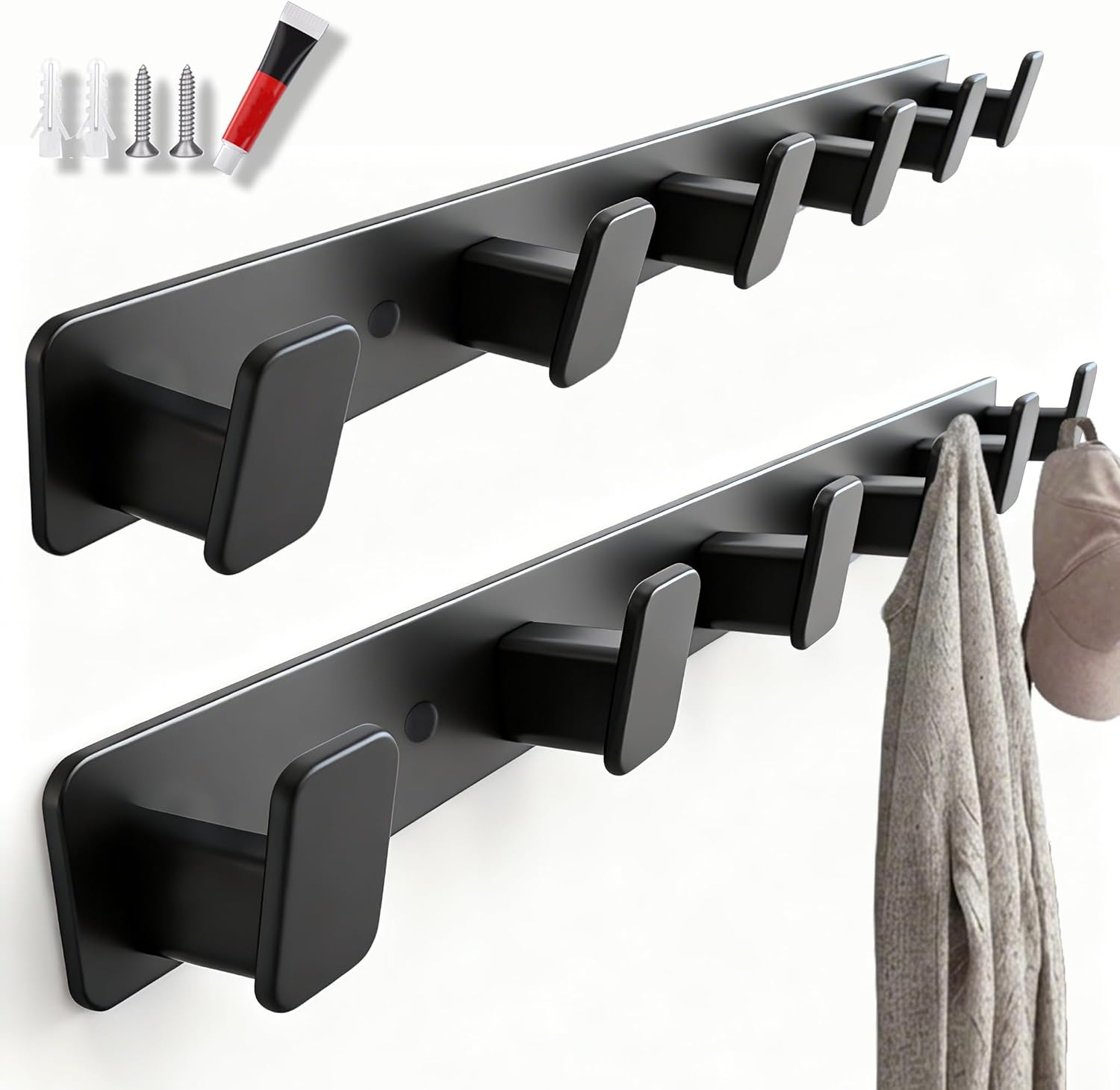 Artilife Wall Mounted Coat Rack 17.4 Inch, 6 Snag-Free ABS Hooks Protect Clothes, Heavy Duty Metal Rail with Adhesive or Screw Installation, Entryway Hanger for Jackets, Hats, Towels (1 Pack)