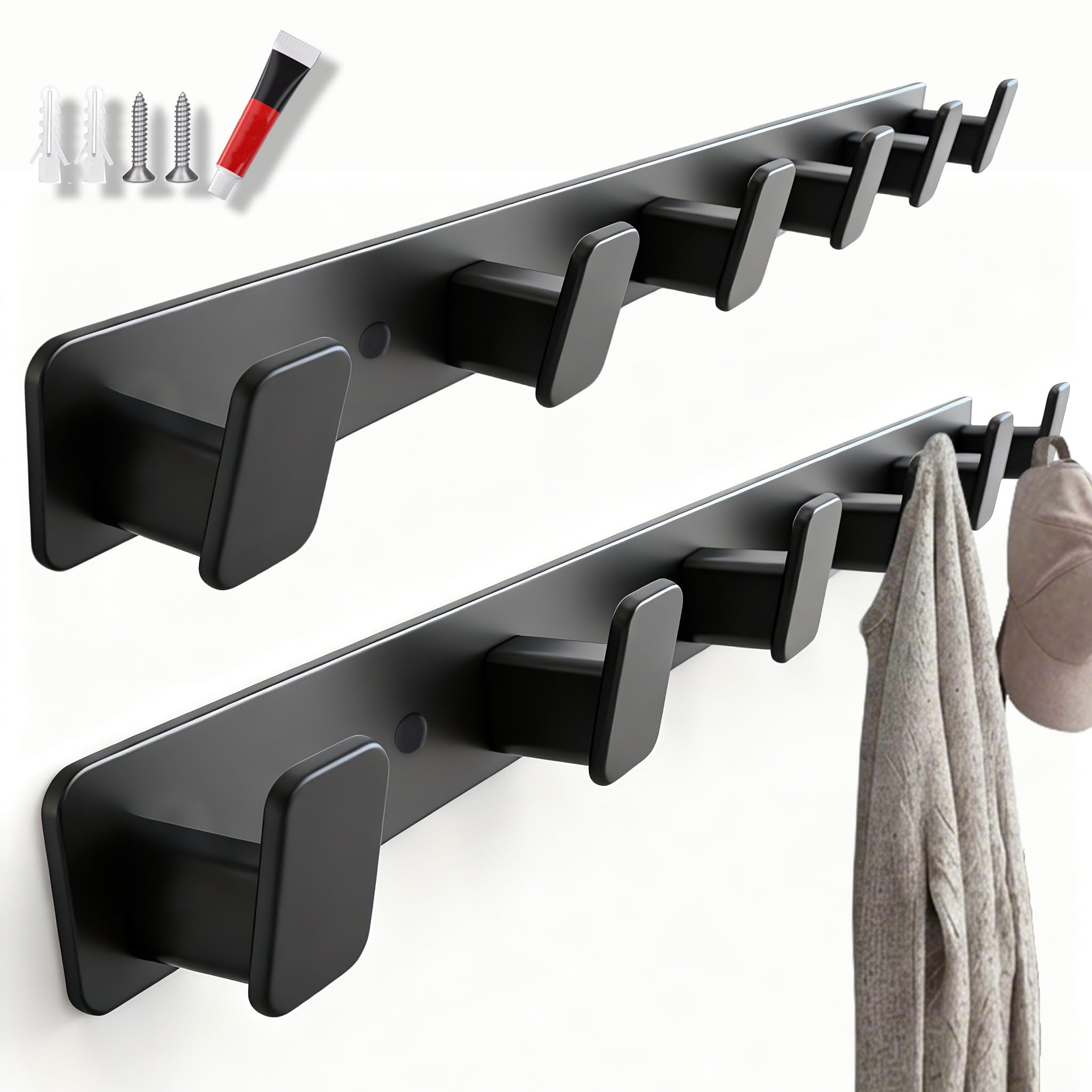 Artilife Wall Mounted Coat Rack 17.4 Inch, 6 Snag-Free ABS Hooks Protect Clothes, Heavy Duty Metal Rail with Adhesive or Screw Installation, Entryway Hanger for Jackets, Hats, Towels (1 Pack)