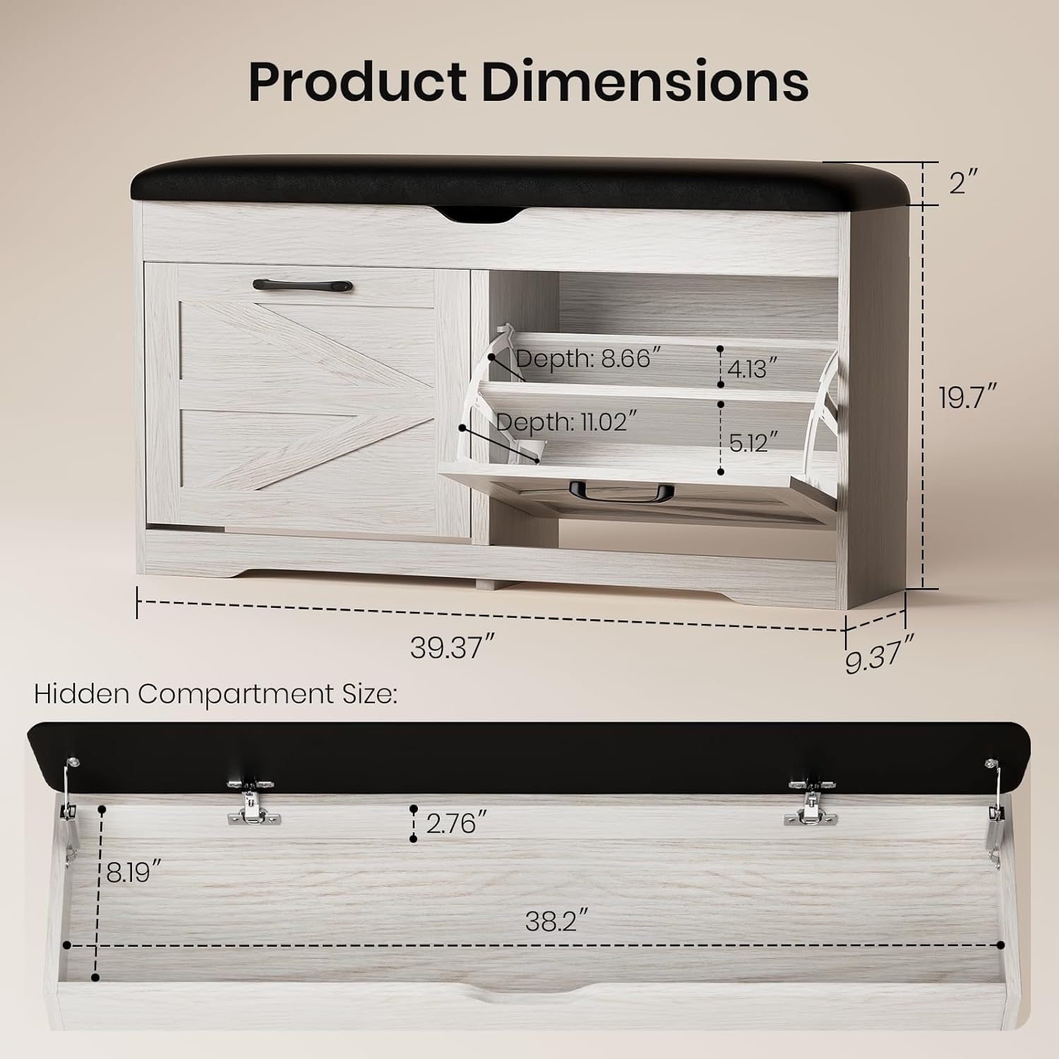 Shoe Storage Bench Cushion, Entryway Bench with Storage, End of Bed Shoe Benches, Small Shoe Rack Benches, Entry Way Shoes Cabinet for Entryway, Bedroom, Living Room, Farmhouse, White