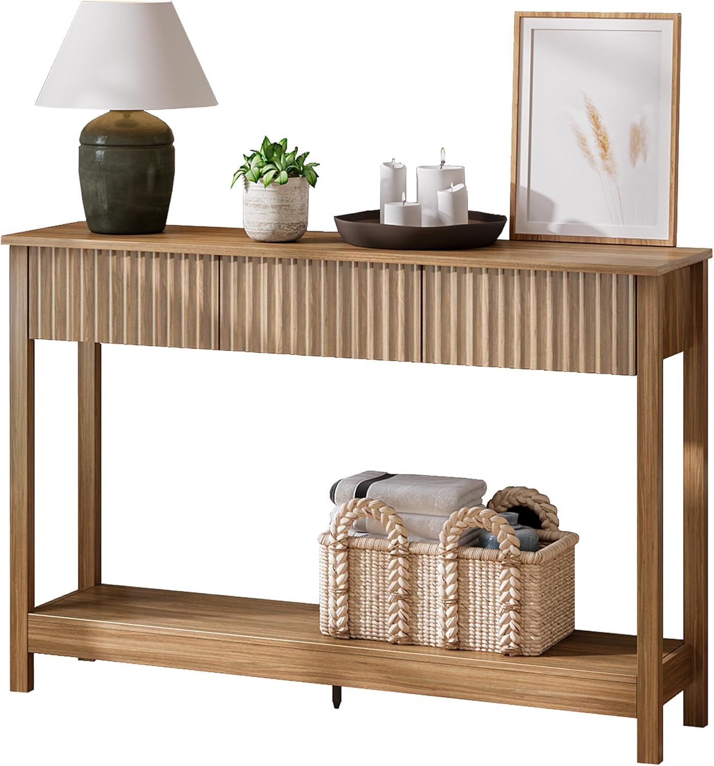 Treocho 47" Console Table with Drawers, Fluted Narrow Entryway Table with Open Shelf, Farmhouse Sofa Table Behind Couch for Hallway, Living Room, Brown