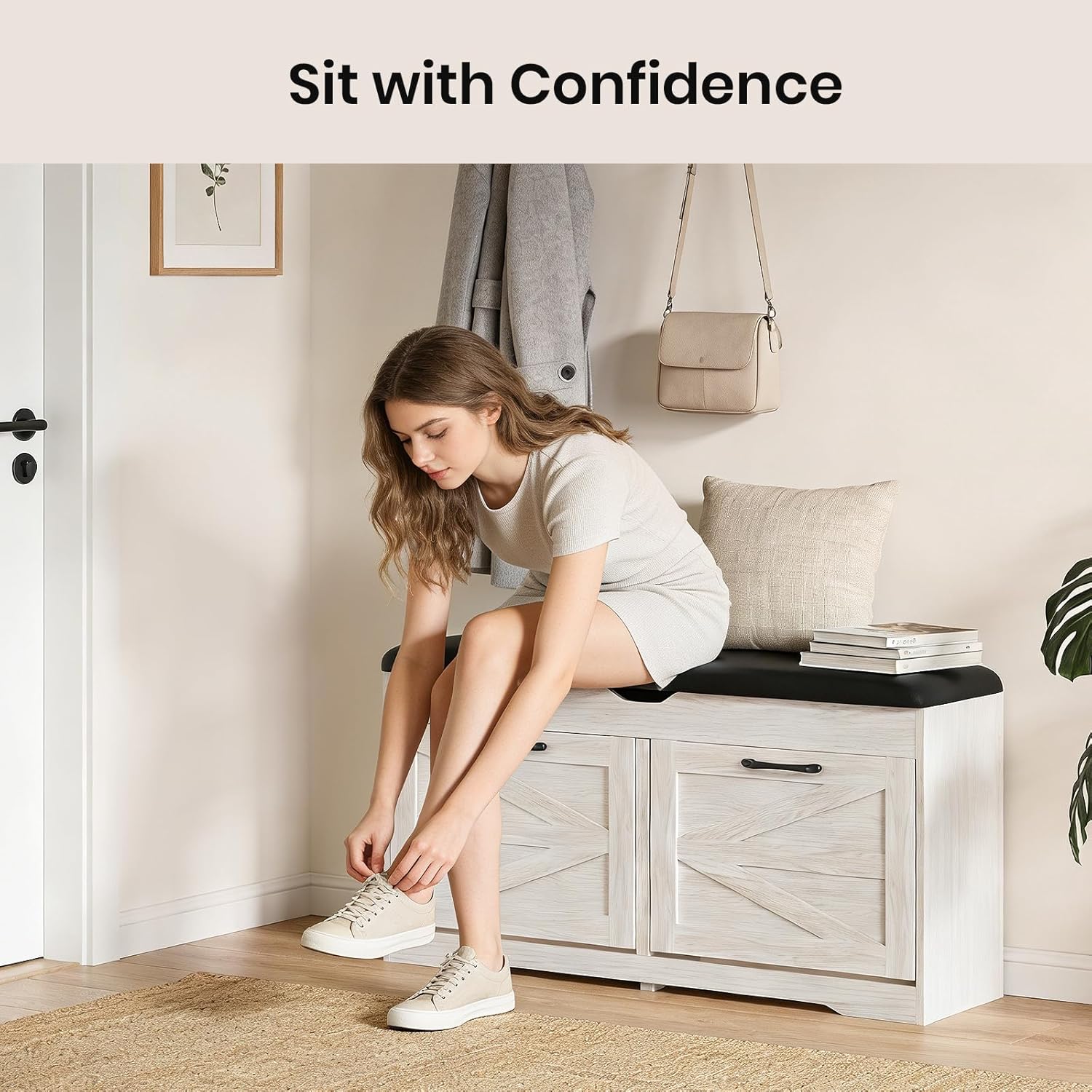 Shoe Storage Bench Cushion, Entryway Bench with Storage, End of Bed Shoe Benches, Small Shoe Rack Benches, Entry Way Shoes Cabinet for Entryway, Bedroom, Living Room, Farmhouse, White