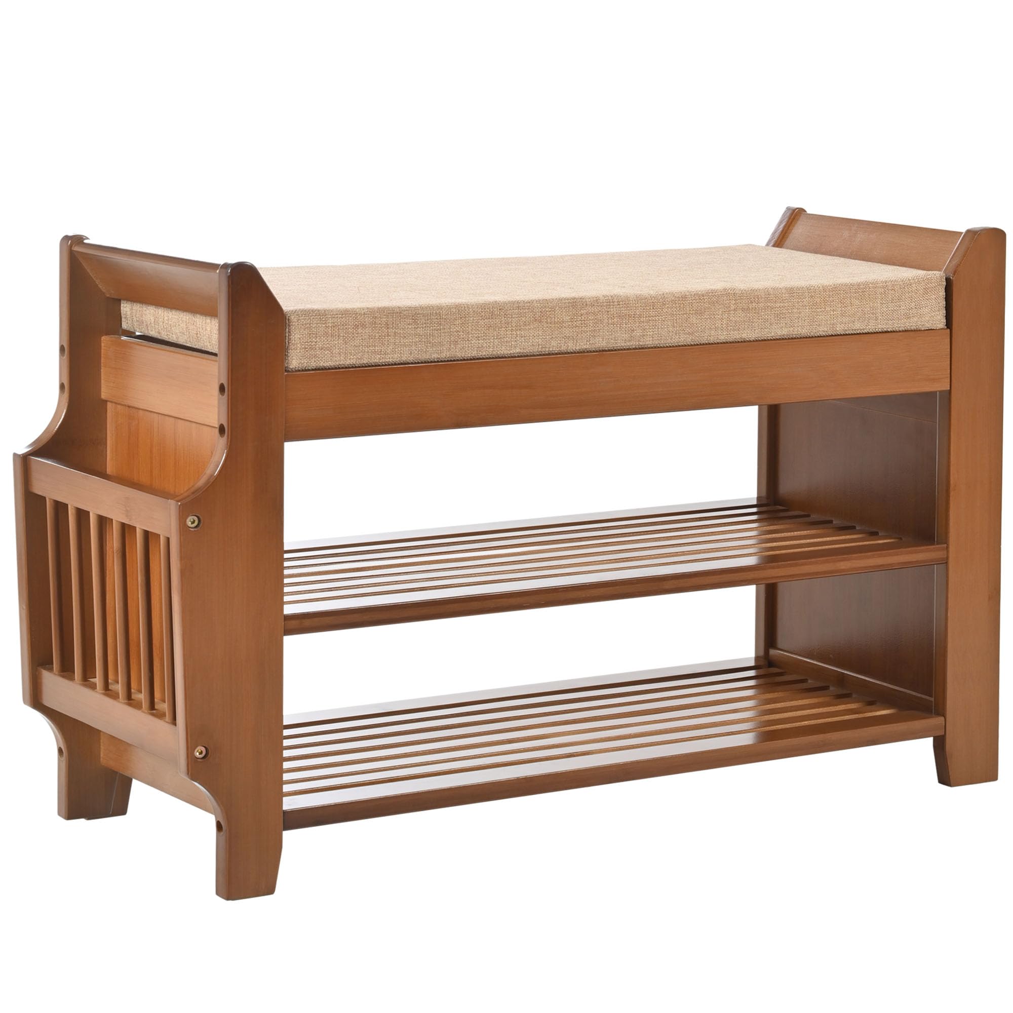 PETKABOO Shoe Bench with Hidden Drawer and Side Holder, 2 Tier Entryway Bench with Storage 39.4 in, Bamboo Shoe Rack with Cushion for Entryway Hallway Living Room Bedroom