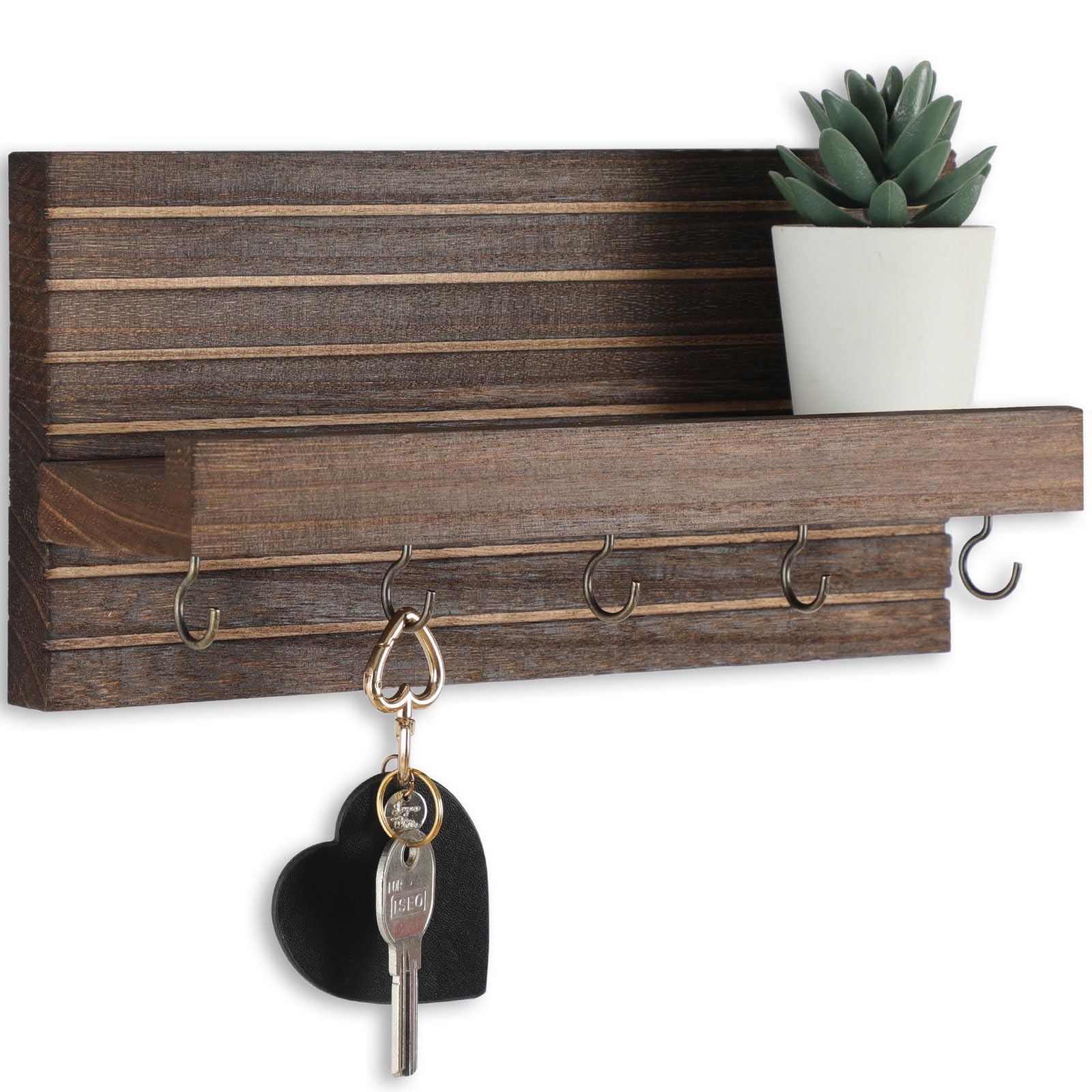 Lwenki Decorative Key Holder for Wall with Shelf, Entryway Shelf with Hooks Holds Leashes, Jackets and Glasses – Sturdy Wood Keyholder Entrance Hanger with Mounting Hardware (Black, Medium)
