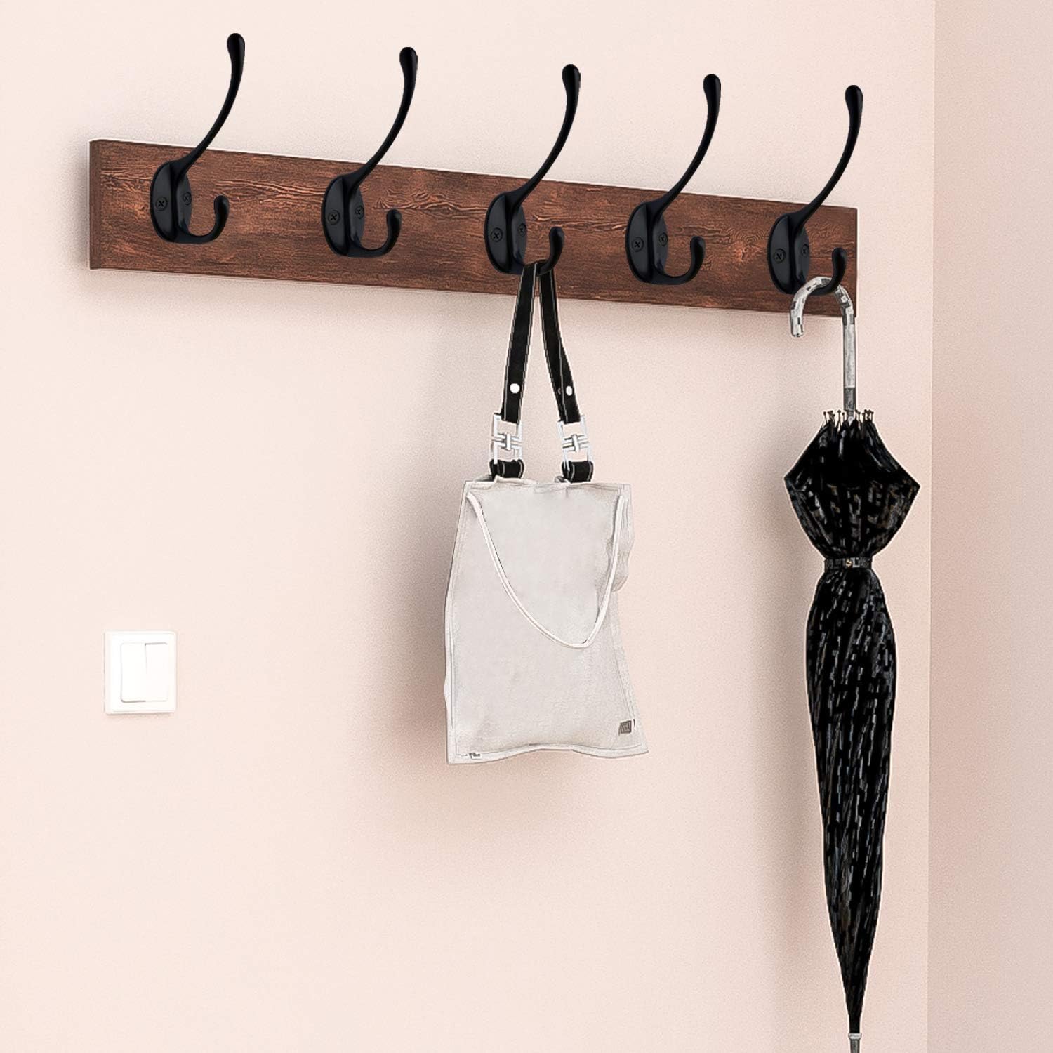 IBosins 10 Pack Dual Coat Hooks Wall Mounted with 40 Screws Retro Double Hooks Utility Black No Rust Hooks for Coat, Scarf, Bag, Towel, Key, Cap, Cup, Hat (Black)