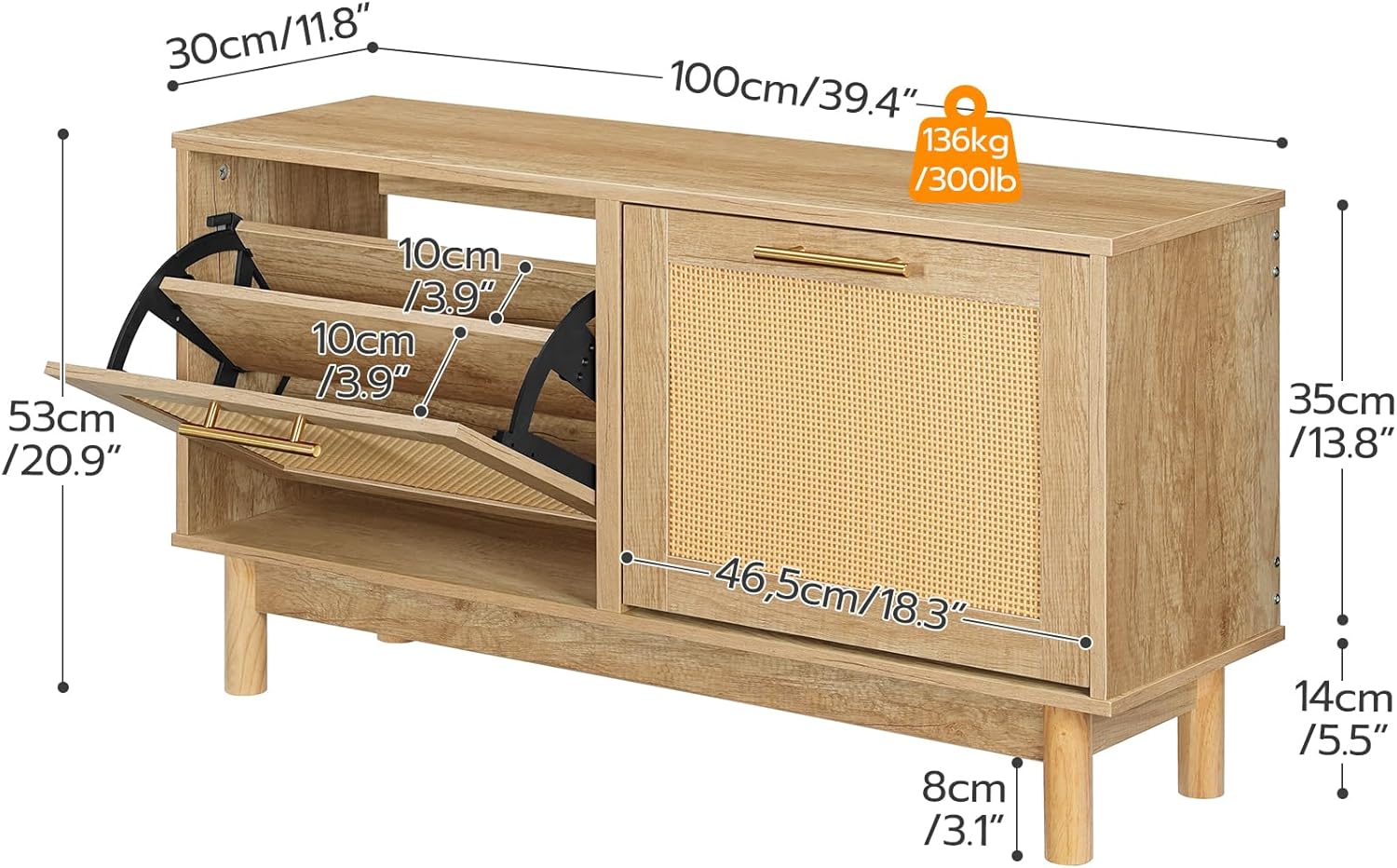 HOOBRO Shoe Storage Bench, Rattan Entryway Bench with 2 Flip Drawers, 39.4'' Hidden Shoe Cabinet with Adjustable Shelves, Comfort Seat Holds 300lb, Large Capacity Fits 8-12 Pairs, Natural NL51HX01