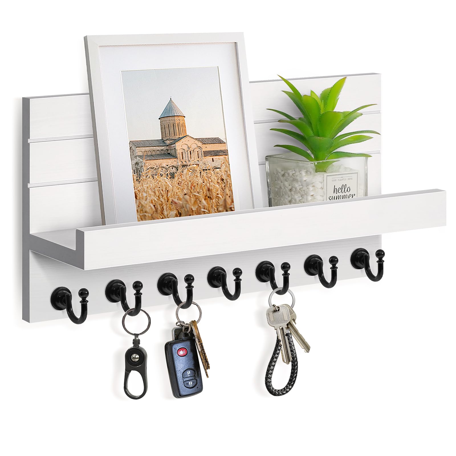 HONJIN Key Holder for Wall: Easy Installation Mail Organizer Wall Mount Hanging Key Rack for Kitchen and Entryway Decor with 5 Sturdy Key Hooks (White)