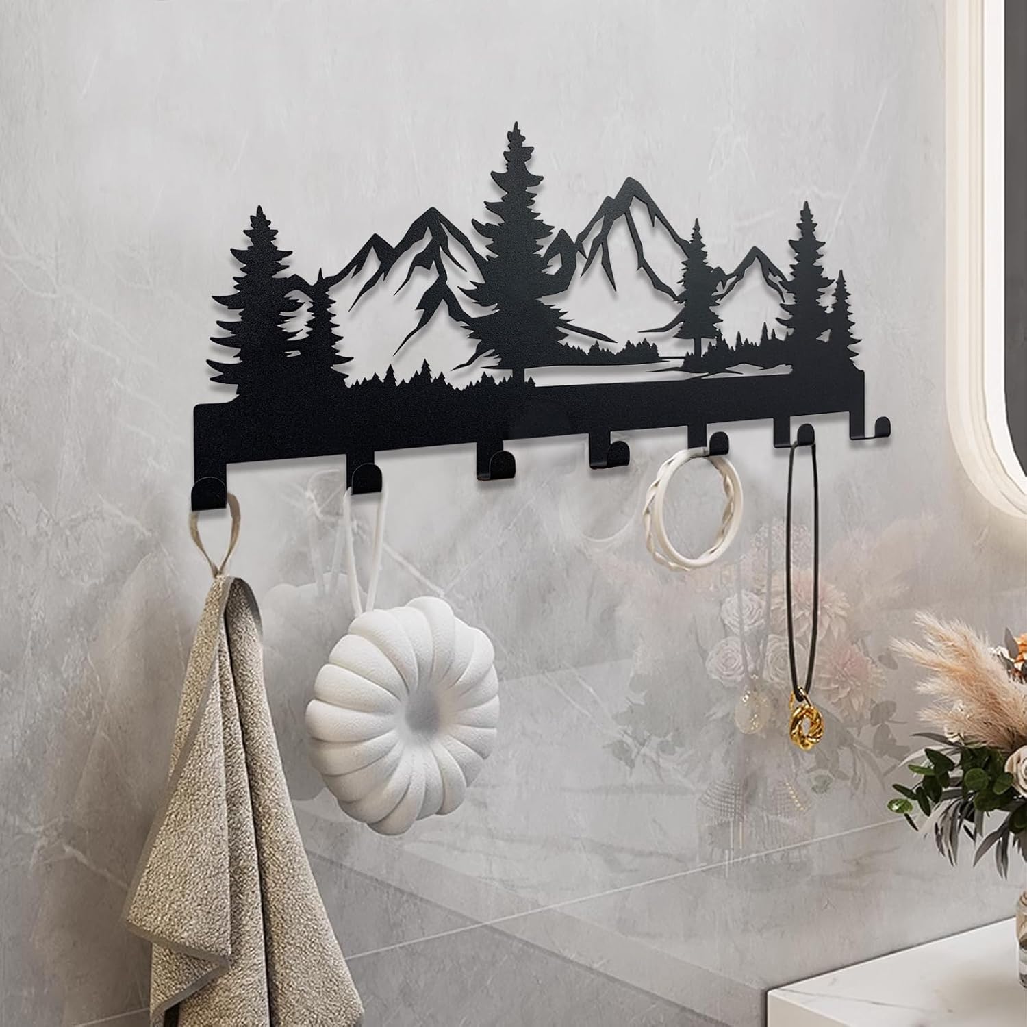 Metal Key Holder, Wall Mounted Key Hooks, Key Holder for Wall, Key Organizer Rack with 7 Hooks, Key Hanger Decor for Kitchen, Entryway, Hallway, Bedroom, Doorway (Mountain 12IN)