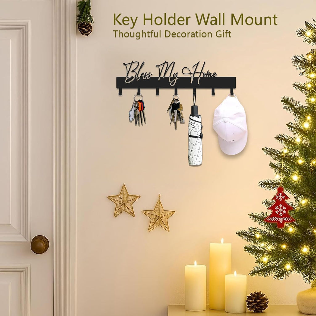 Exquisite Fashion Phrase Key Holder Wall Mount,Bless My Home Key Hooks for Wall Decoration,Black Metal Key Hanger with 7 Hooks for Entryway,Office,Living Room Decor