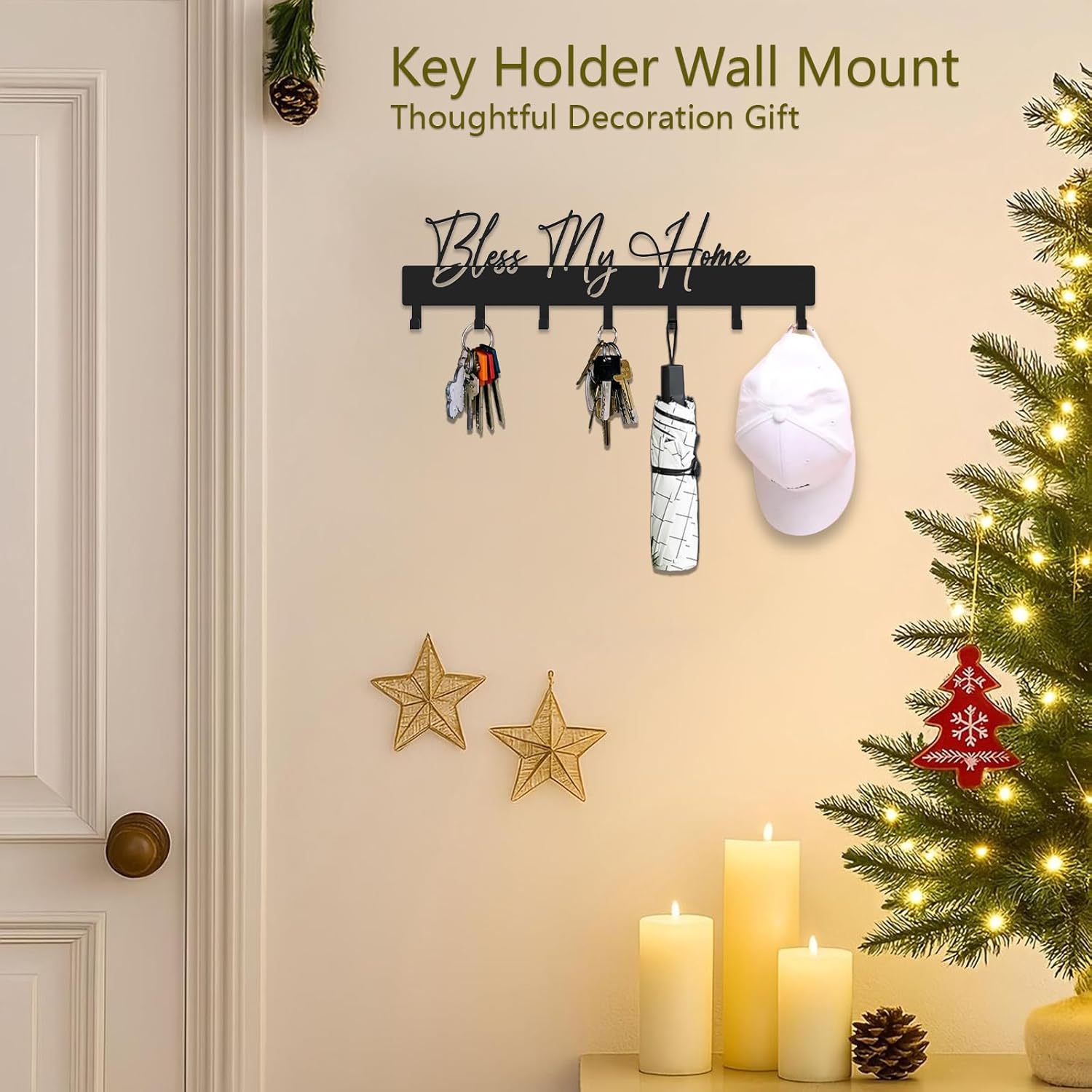 Exquisite Fashion Phrase Key Holder Wall Mount,Bless My Home Key Hooks for Wall Decoration,Black Metal Key Hanger with 7 Hooks for Entryway,Office,Living Room Decor