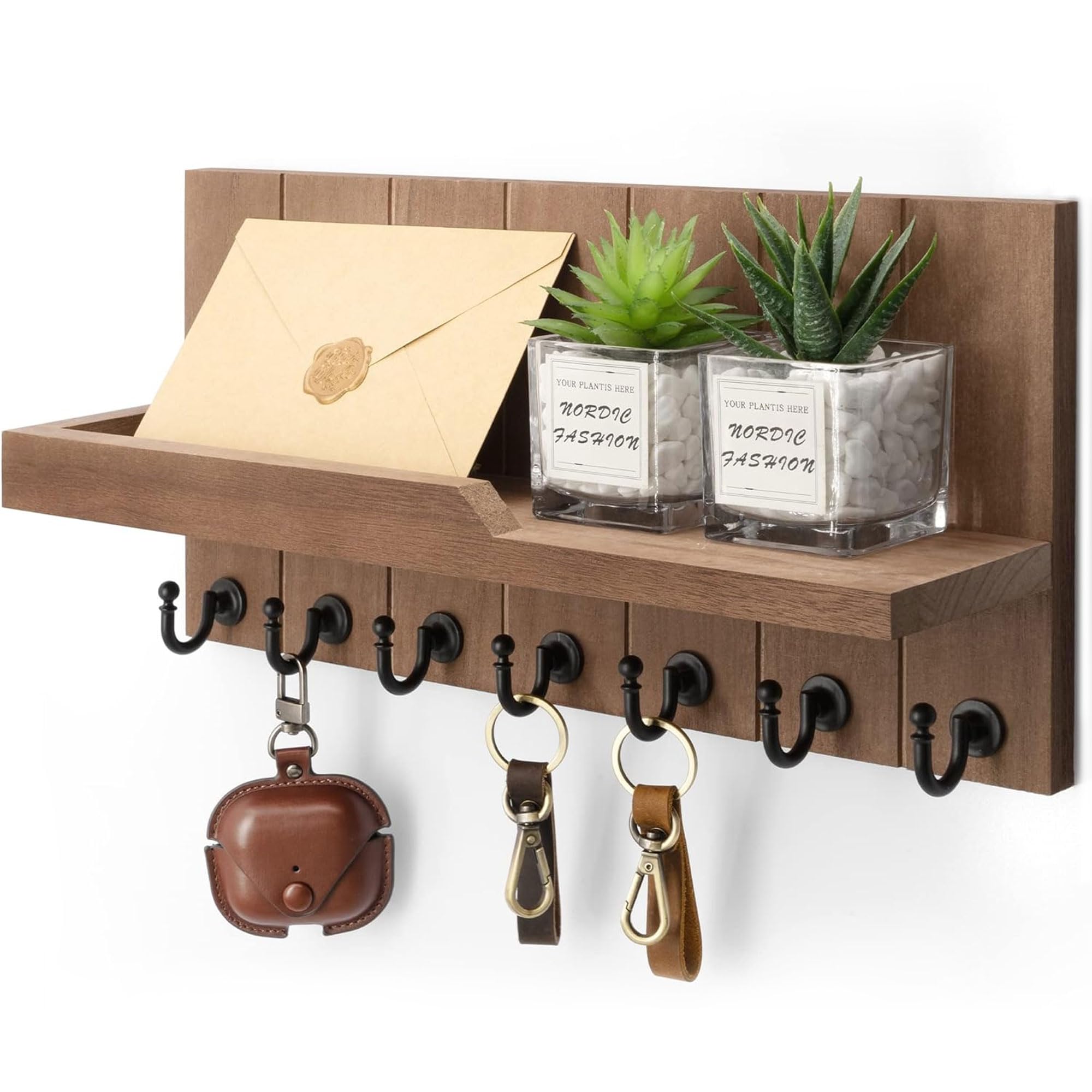Rebee Vision Decorative Key Holder Wall Mount - Rustic Key Holder for Wall with Shelf and Mail Organizer for Living Room Decor - Home Essentials for Home Improvement (Brown, 3.54" x 10" x 7.28")