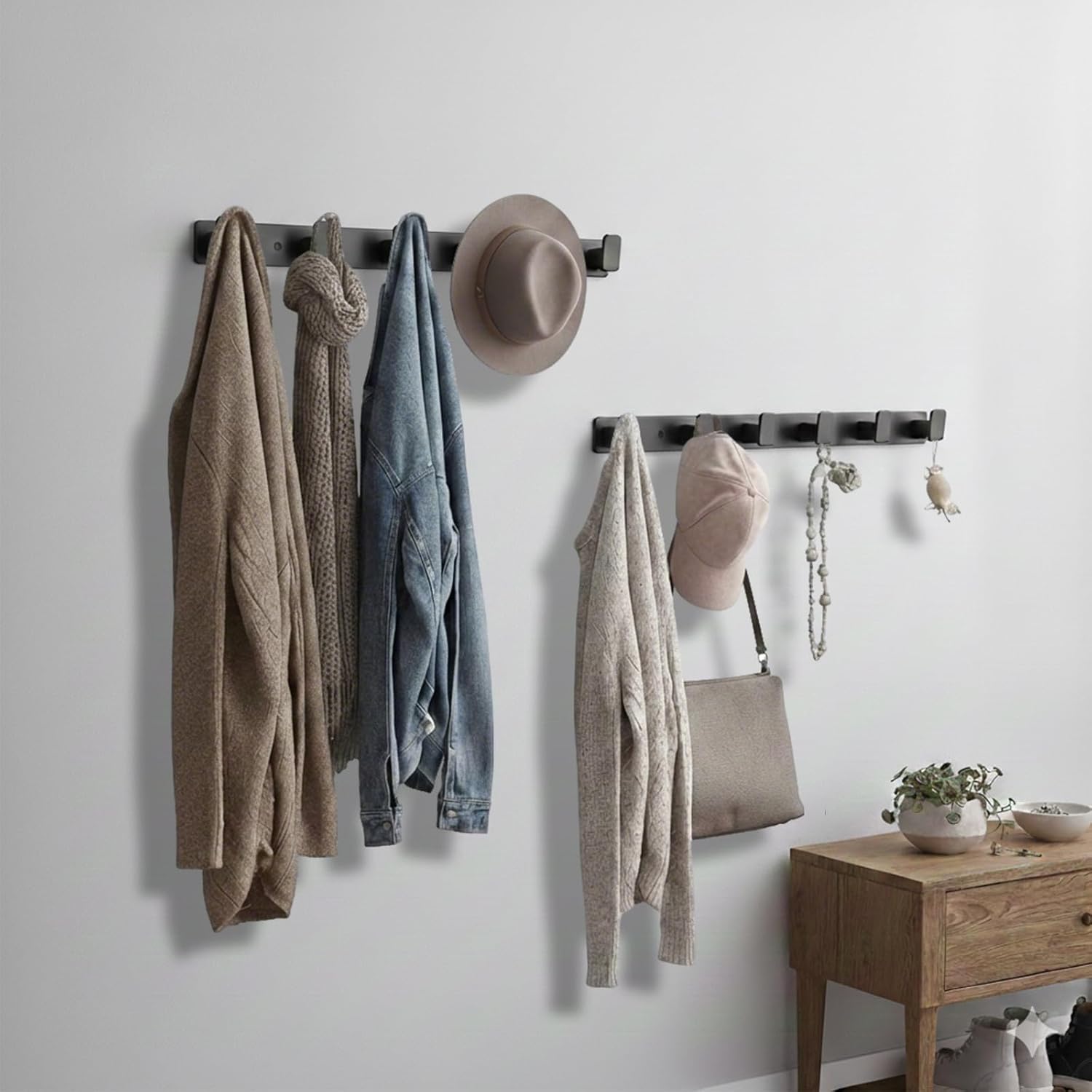 Artilife Wall Mounted Coat Rack 17.4 Inch, 6 Snag-Free ABS Hooks Protect Clothes, Heavy Duty Metal Rail with Adhesive or Screw Installation, Entryway Hanger for Jackets, Hats, Towels (1 Pack)