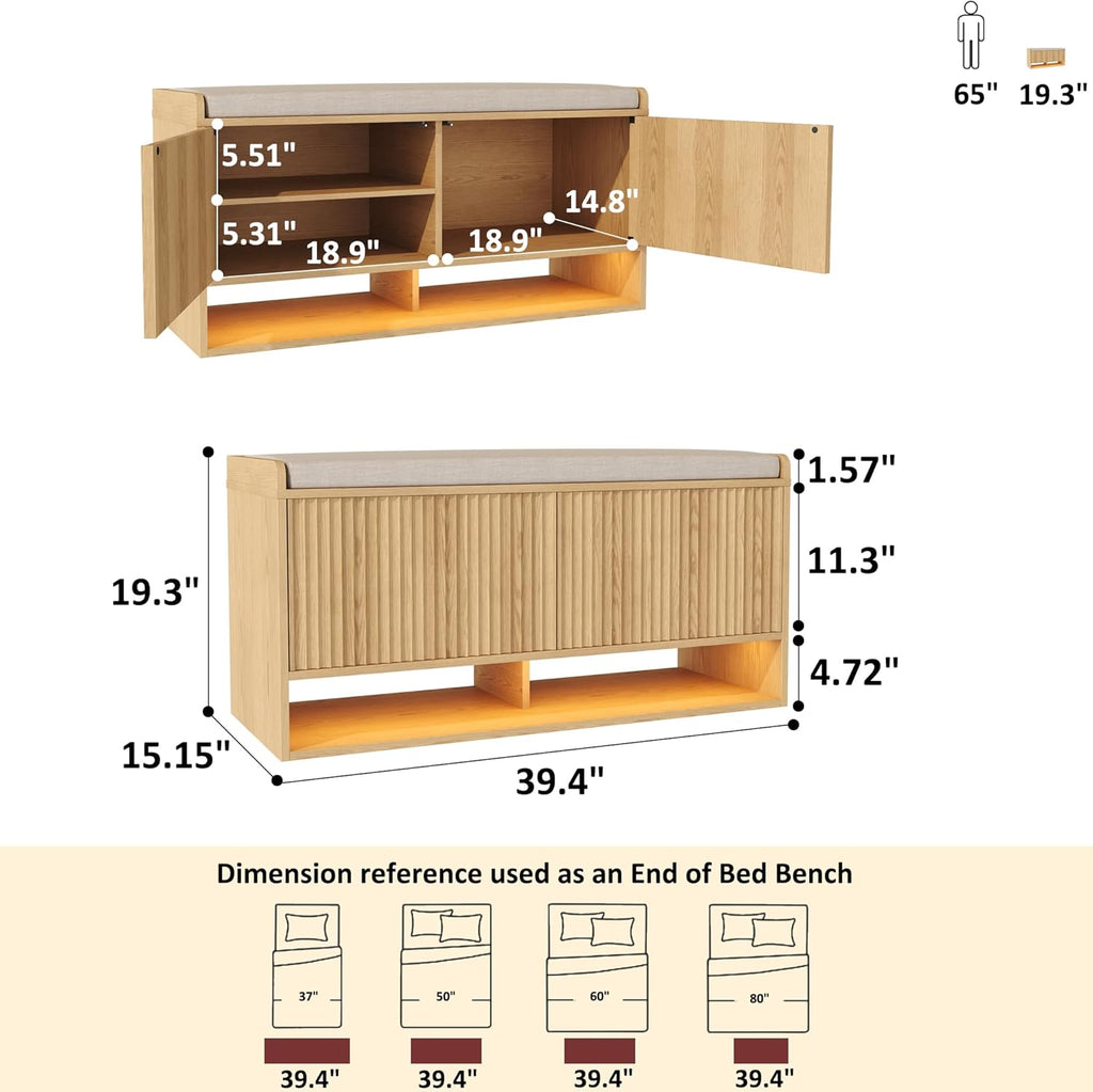 HOMEFORT 39.4" Fluted Shoe Storage Bench, Entryway Bench with Linen Seat Cushion, Shoe Cabinet Bench with Adjustable Shelf and Built-in LED Sensor Light, Bench for Bedroom End of Bed, Natural Oak