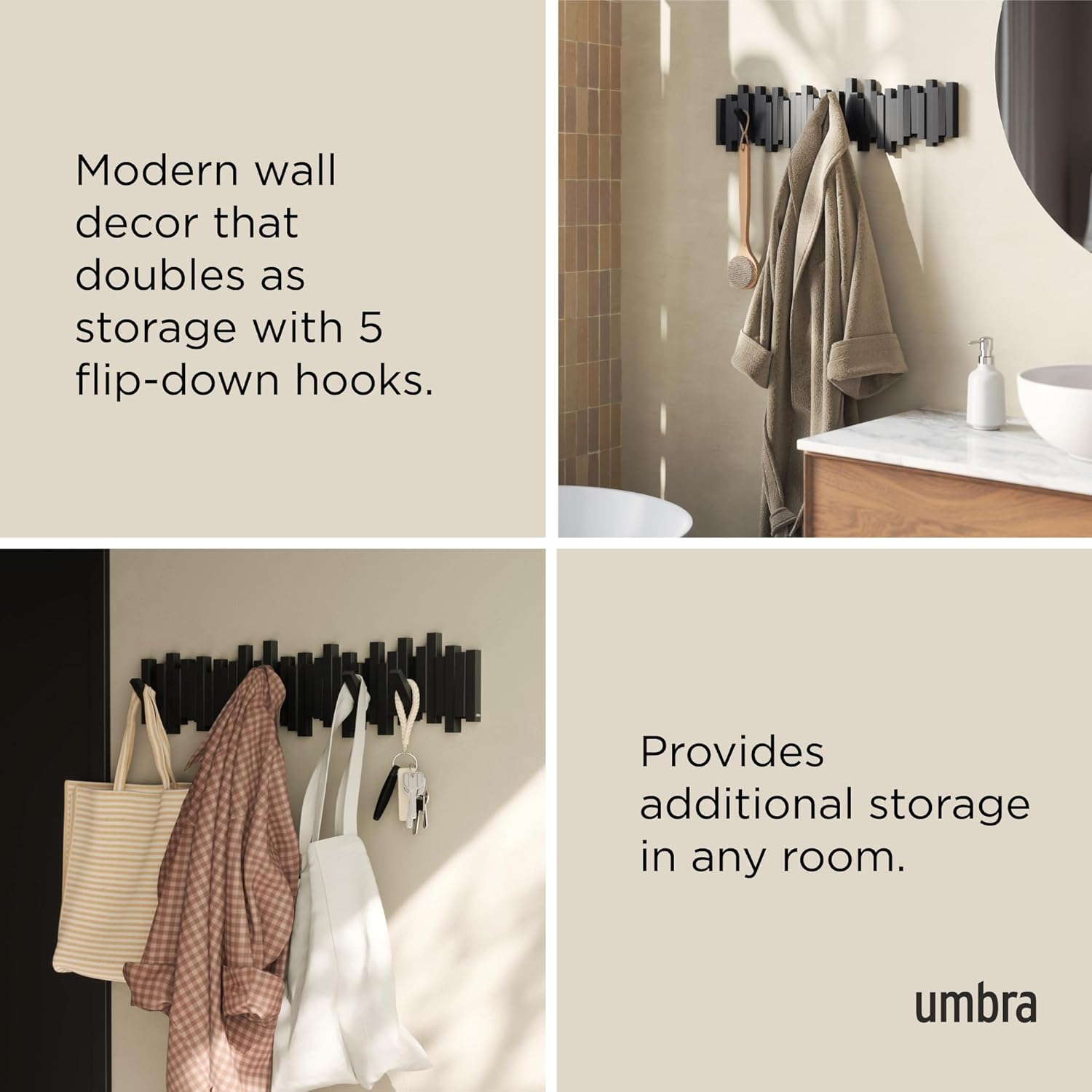 Umbra Sticks Wall-Mounted Coat Rack Rail Hook with 8 Retractable Pegs – Modern, Space-Saving Storage Organizer, Black
