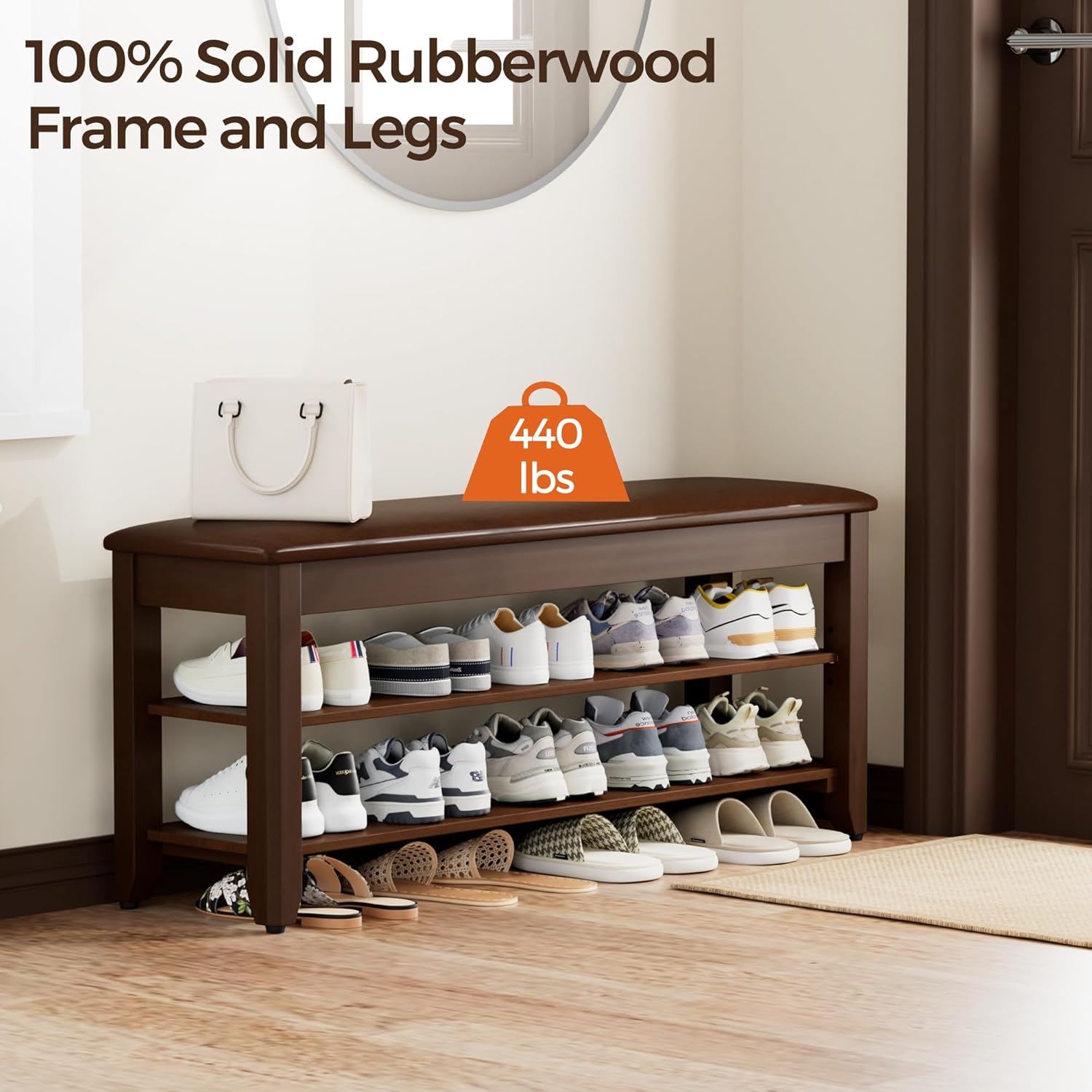 Homleke Shoe Rack Bench with Flip-Top Storage, Solid Wood Entryway Bench with Cushion, Adjustable Shelf, for Hallway, Mudroom, Closet – Walnut, 39.4"