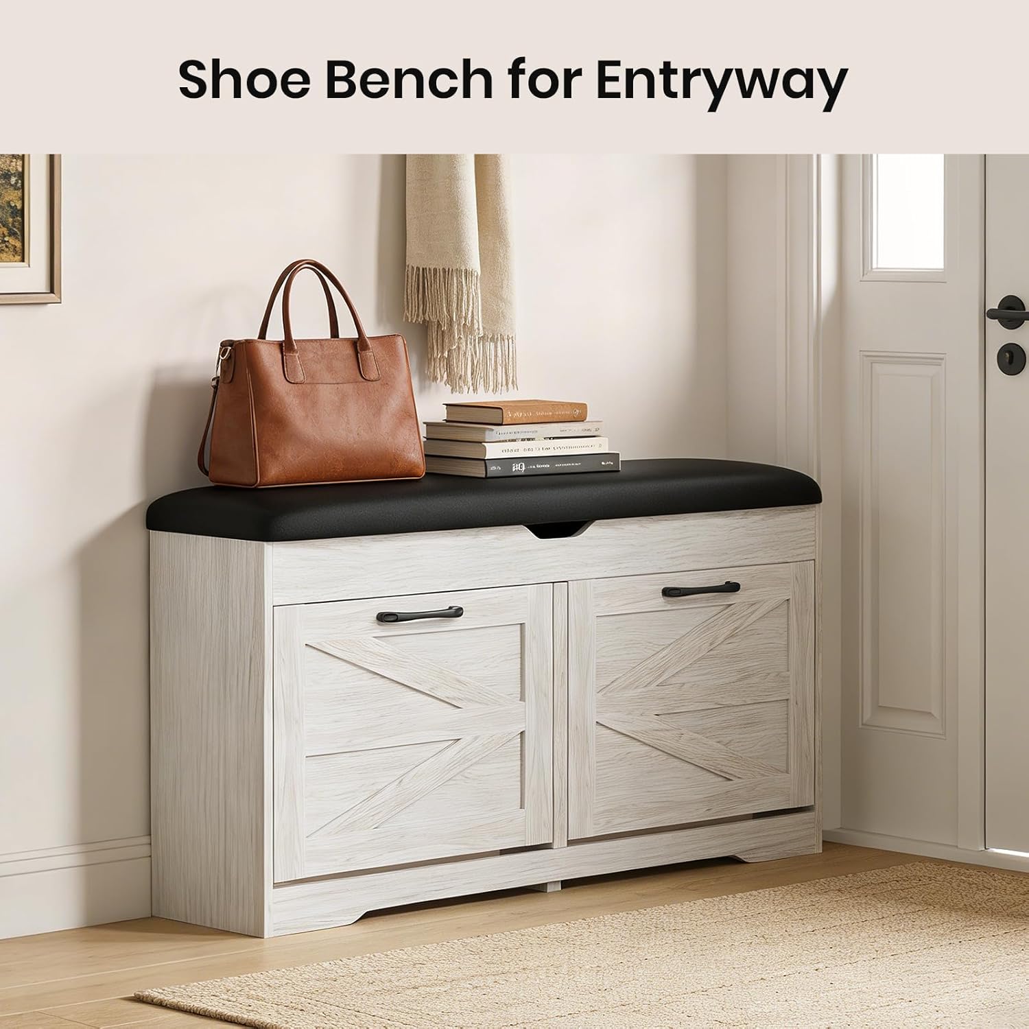 Shoe Storage Bench Cushion, Entryway Bench with Storage, End of Bed Shoe Benches, Small Shoe Rack Benches, Entry Way Shoes Cabinet for Entryway, Bedroom, Living Room, Farmhouse, White