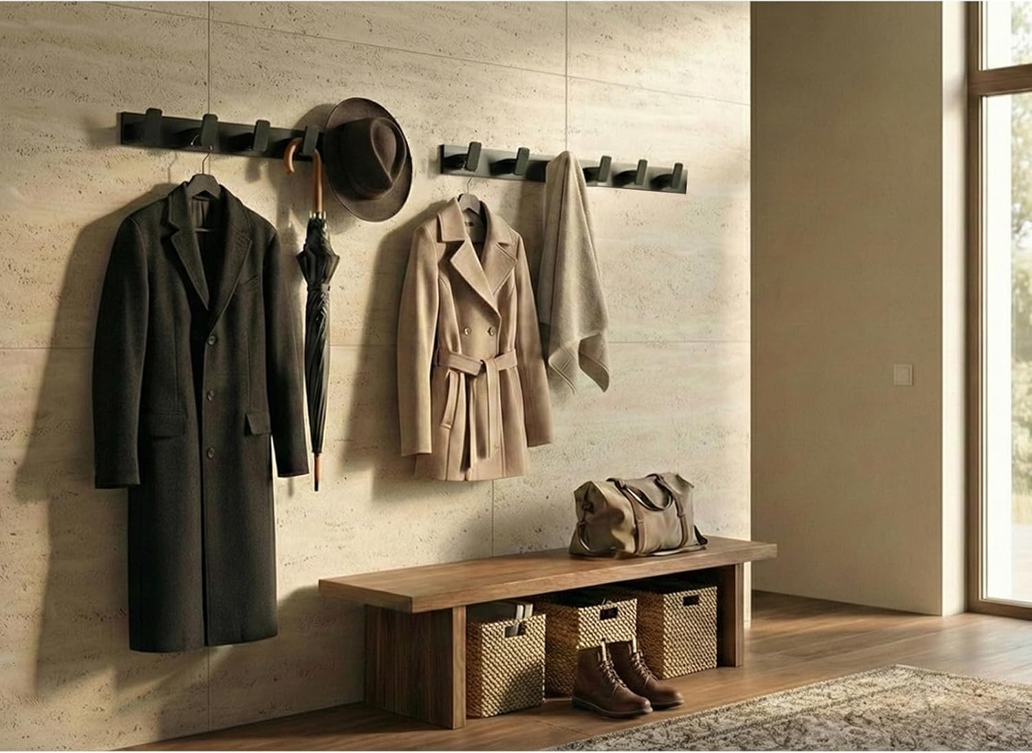 Artilife Wall Mounted Coat Rack 17.4 Inch, 6 Snag-Free ABS Hooks Protect Clothes, Heavy Duty Metal Rail with Adhesive or Screw Installation, Entryway Hanger for Jackets, Hats, Towels (1 Pack)