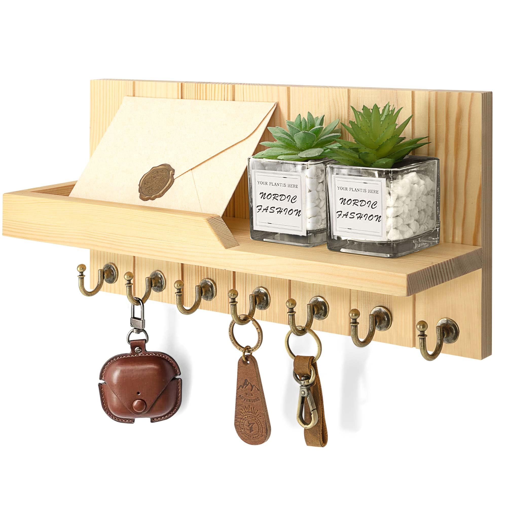Rebee Vision Decorative Key Holder Wall Mount - Rustic Key Holder for Wall with Shelf and Mail Organizer for Living Room Decor - Home Essentials for Home Improvement (Brown, 3.54" x 10" x 7.28")