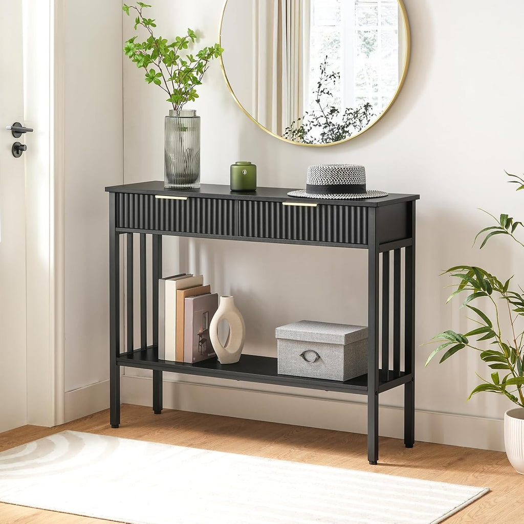 MAHANCRIS Console Table, Narrow Long Entry Table with Storage Shelf, 2-Tier Fluted Entryway Table with 2 Drawers, for Entryway, Living Room, Foyer, Hallway, Office, Black CTHB5101