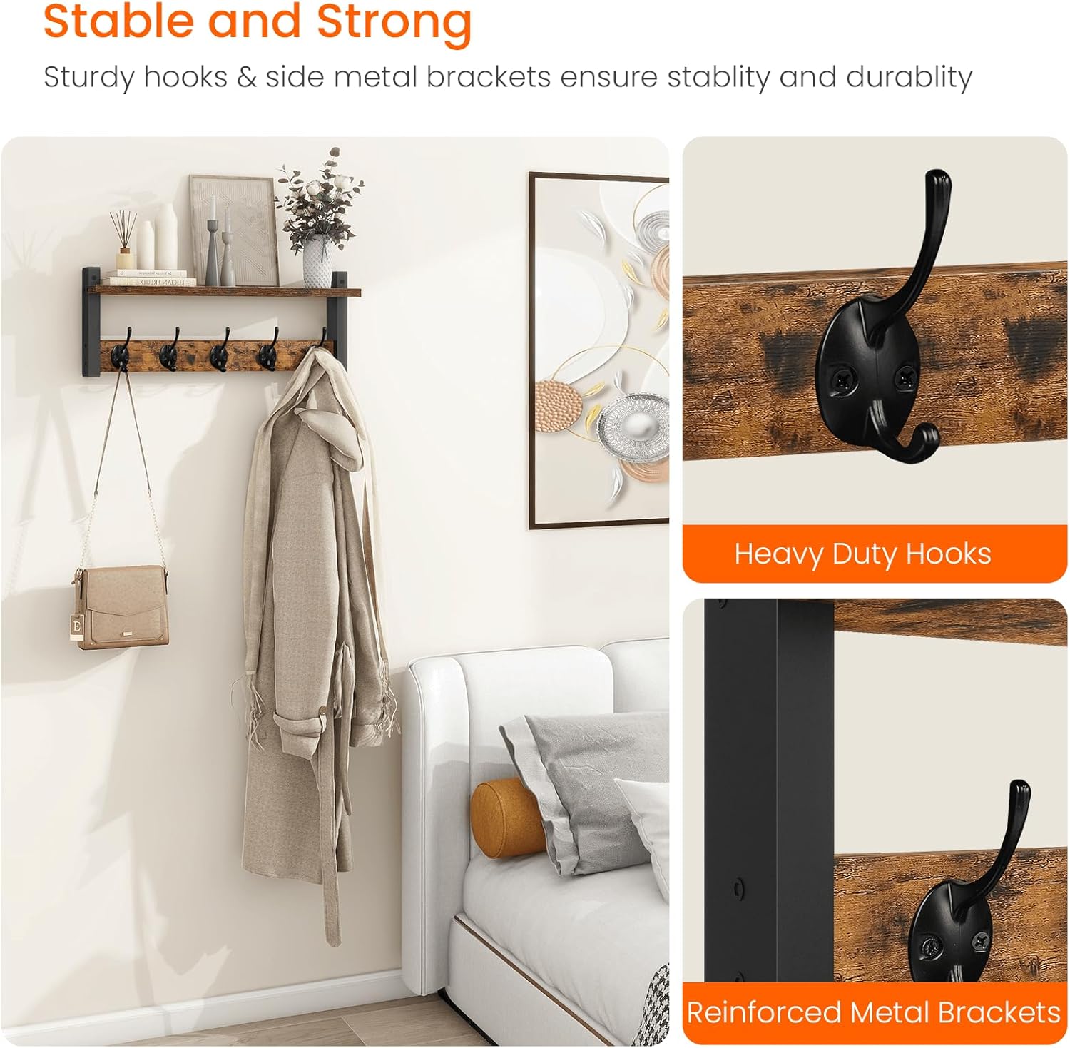 Homode Wall Hooks with Shelf, Wood Coat Rack with Shelf Wall-Mounted, Entryway Hanging Shelves with 5 Metal Hooks for Clothes Hats Towel Purse Robes, Bathroom Mudroom Bedroom, Rustic Brown Black