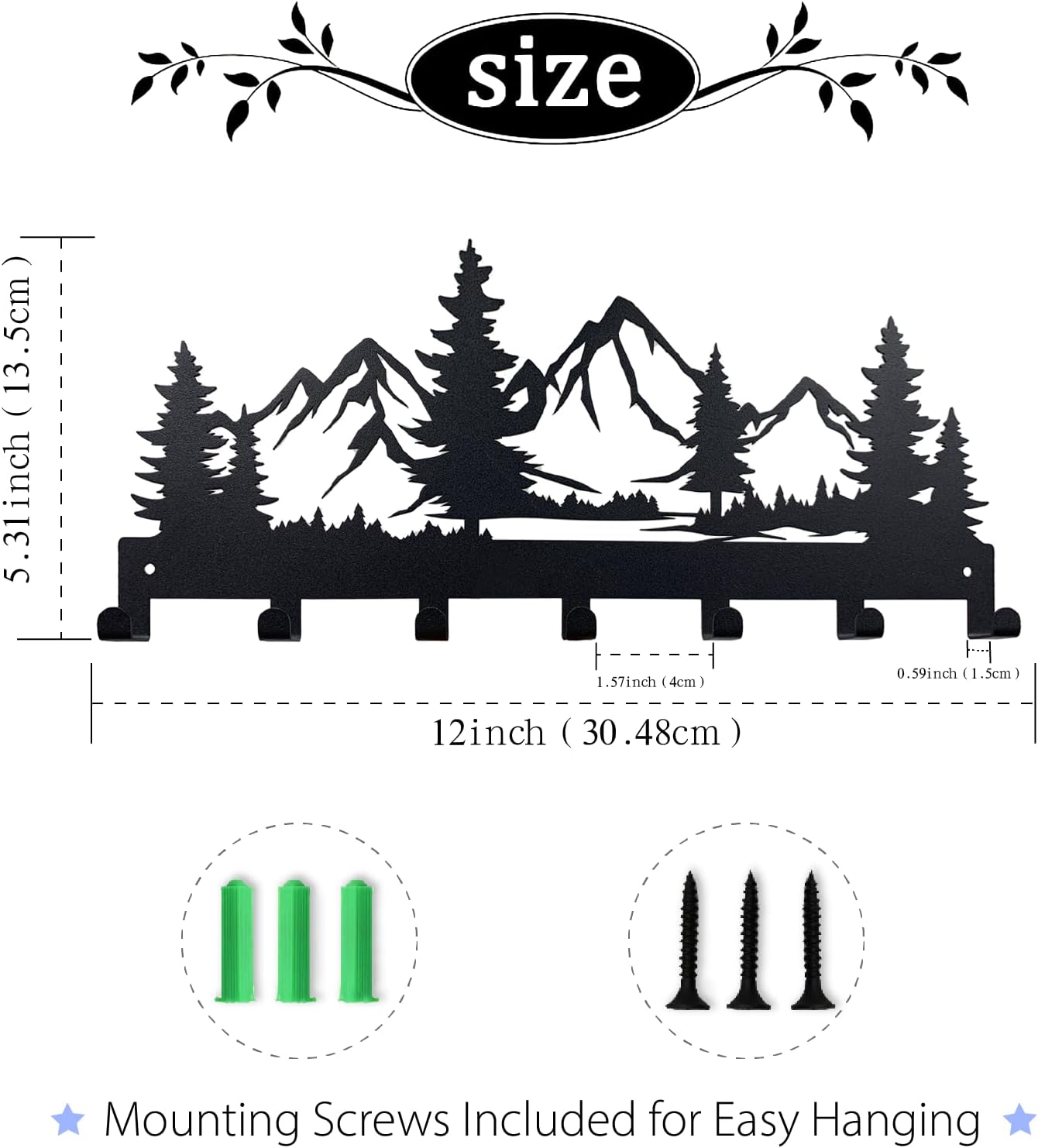 Metal Key Holder, Wall Mounted Key Hooks, Key Holder for Wall, Key Organizer Rack with 7 Hooks, Key Hanger Decor for Kitchen, Entryway, Hallway, Bedroom, Doorway (Mountain 12IN)