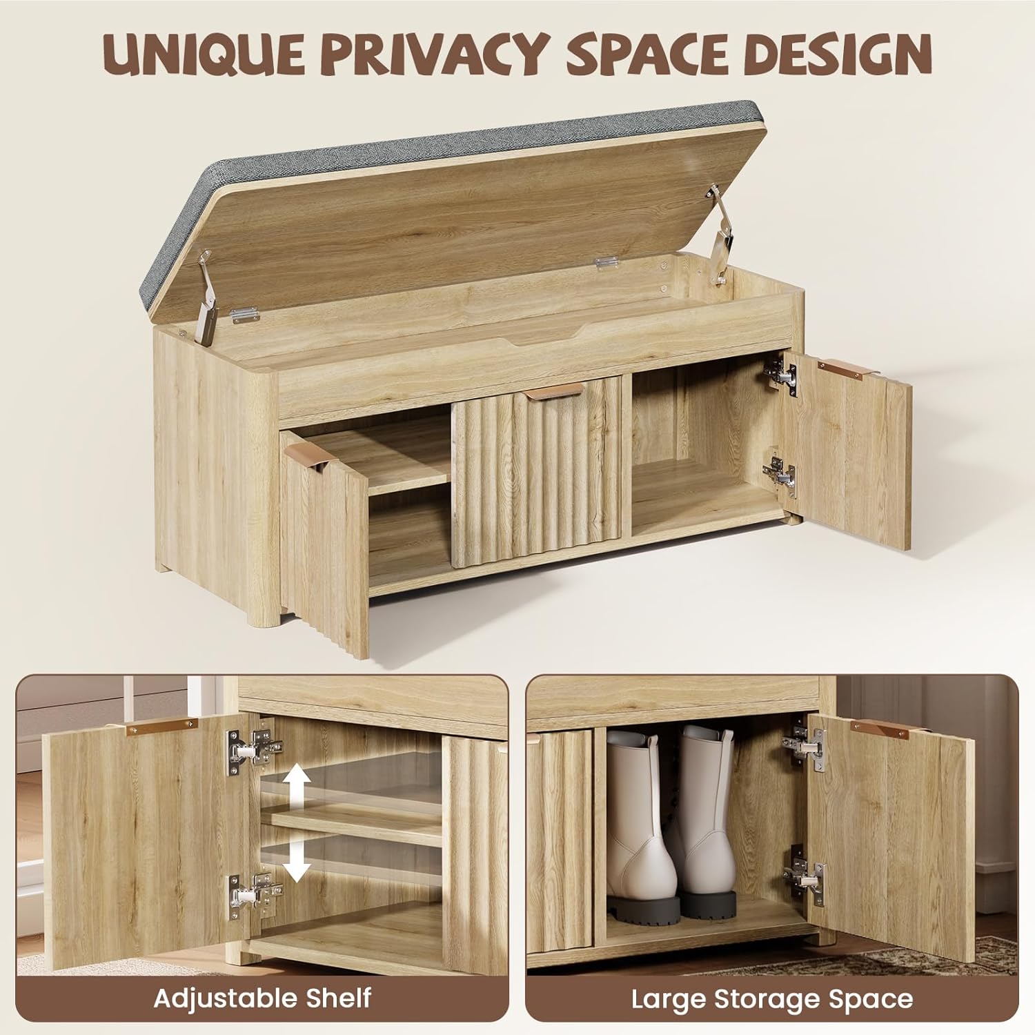 Shoe Bench with Storage - Lift Top Entryway Bench with Hidden Storage, Shoe Rack with Adjustable Shelves and Cushioned Seat, Wooden End of Bed Bench for Bedroom, Living Room and Hallway,Nature