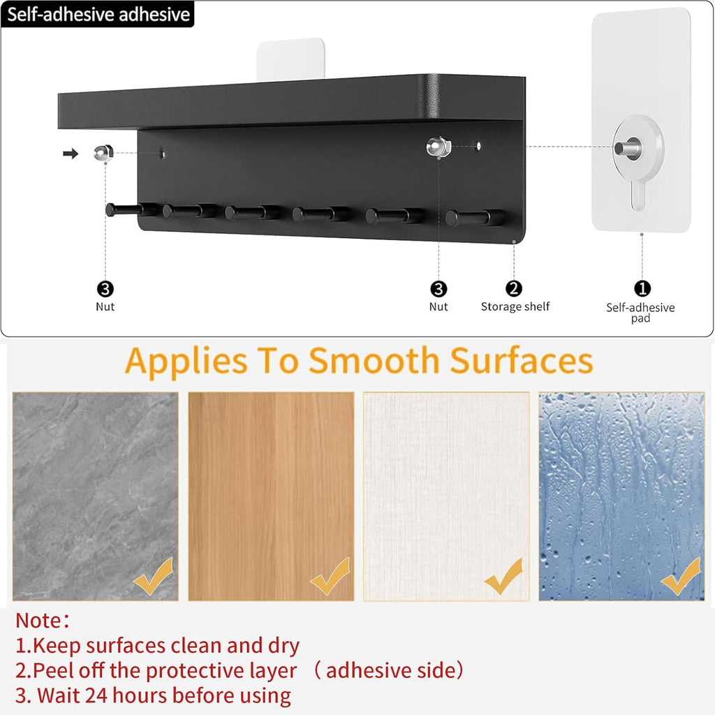 MKO Key Holder Wall Mount, Key Holder Wall Mount Adhesive with Mail Organizer Tray with 6 Key Hooks for Wall, Black