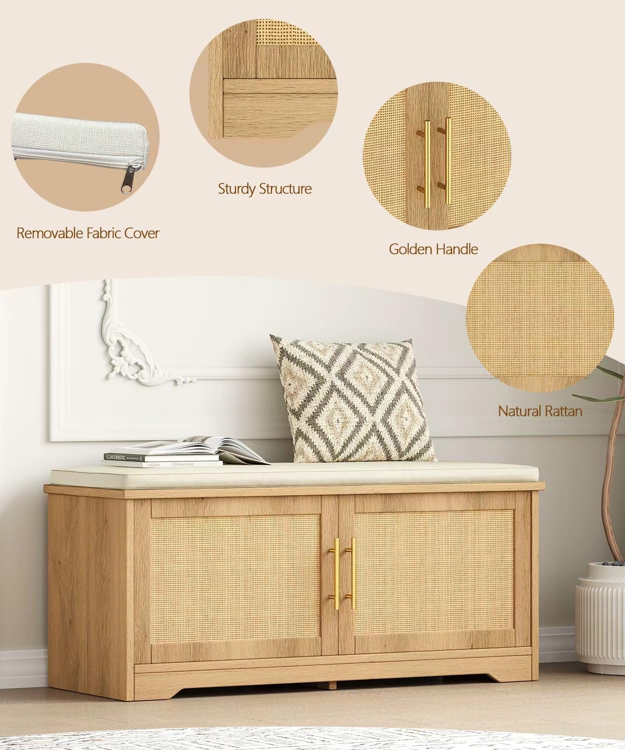 Rattan Shoe Storage Bench with Cushion, 39.4" Wide Entryway Bench with Adjustable Shelf, Hidden Shoe Organizer Cabinet, for Hallway, Living Room, Bedroom, Natural Oak
