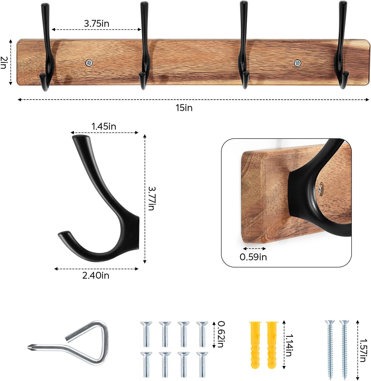 Yangbaga Coat Rack Wall Mount,Acacia Wood Coat Hooks Wall Mount,15" Wall Coat Rack with Heavy Duty 4-Double-Hooks,Hat Rack Wall Coat Hanger for Towel/Dog’s Leashes/Coat/Bag