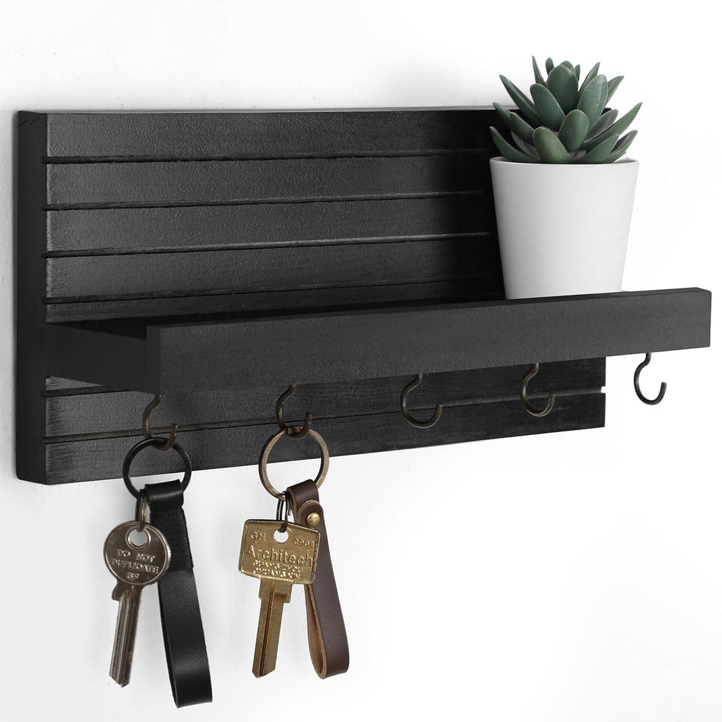 Lwenki Decorative Key Holder for Wall with Shelf, Entryway Shelf with Hooks Holds Leashes, Jackets and Glasses – Sturdy Wood Keyholder Entrance Hanger with Mounting Hardware (Black, Medium)