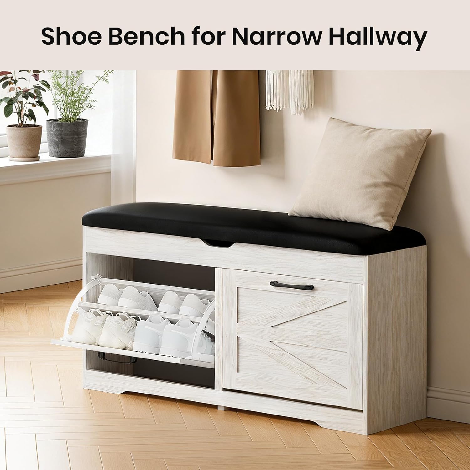 Shoe Storage Bench Cushion, Entryway Bench with Storage, End of Bed Shoe Benches, Small Shoe Rack Benches, Entry Way Shoes Cabinet for Entryway, Bedroom, Living Room, Farmhouse, White