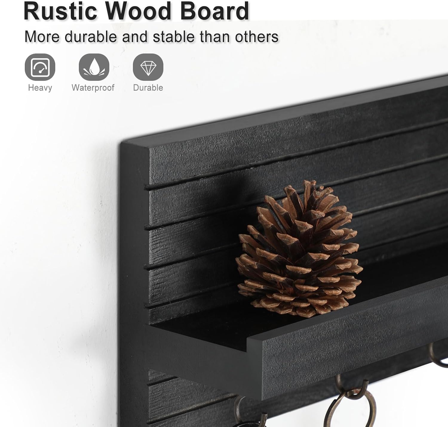 Lwenki Decorative Key Holder for Wall with Shelf, Entryway Shelf with Hooks Holds Leashes, Jackets and Glasses – Sturdy Wood Keyholder Entrance Hanger with Mounting Hardware (Black, Medium)