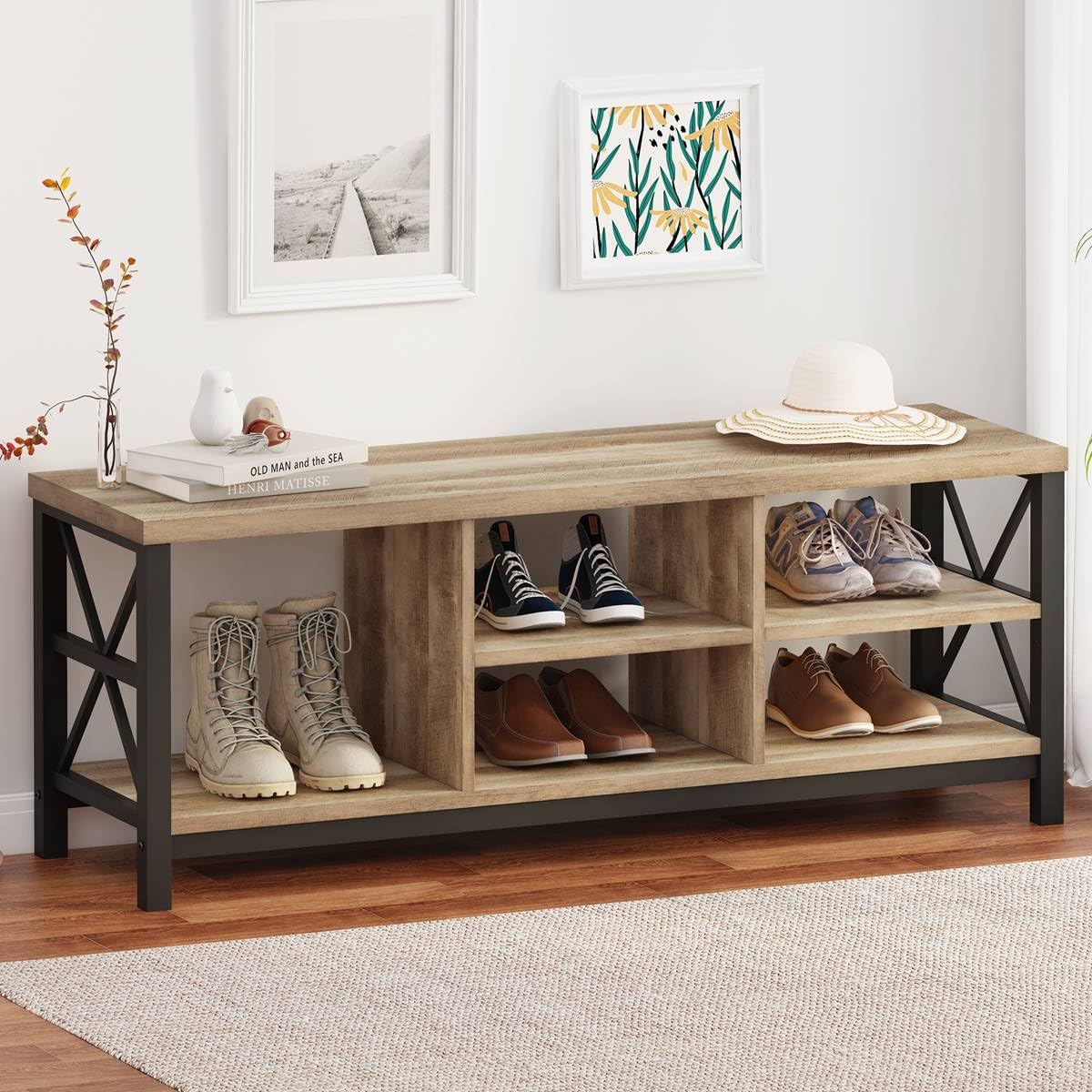 FATORRI Shoe Storage Bench, Entryway Bench with Flip Drawer, Wooden Entry Way Shoe Cabinet for Living Room Hallway (Rustic Oak+White Oak)