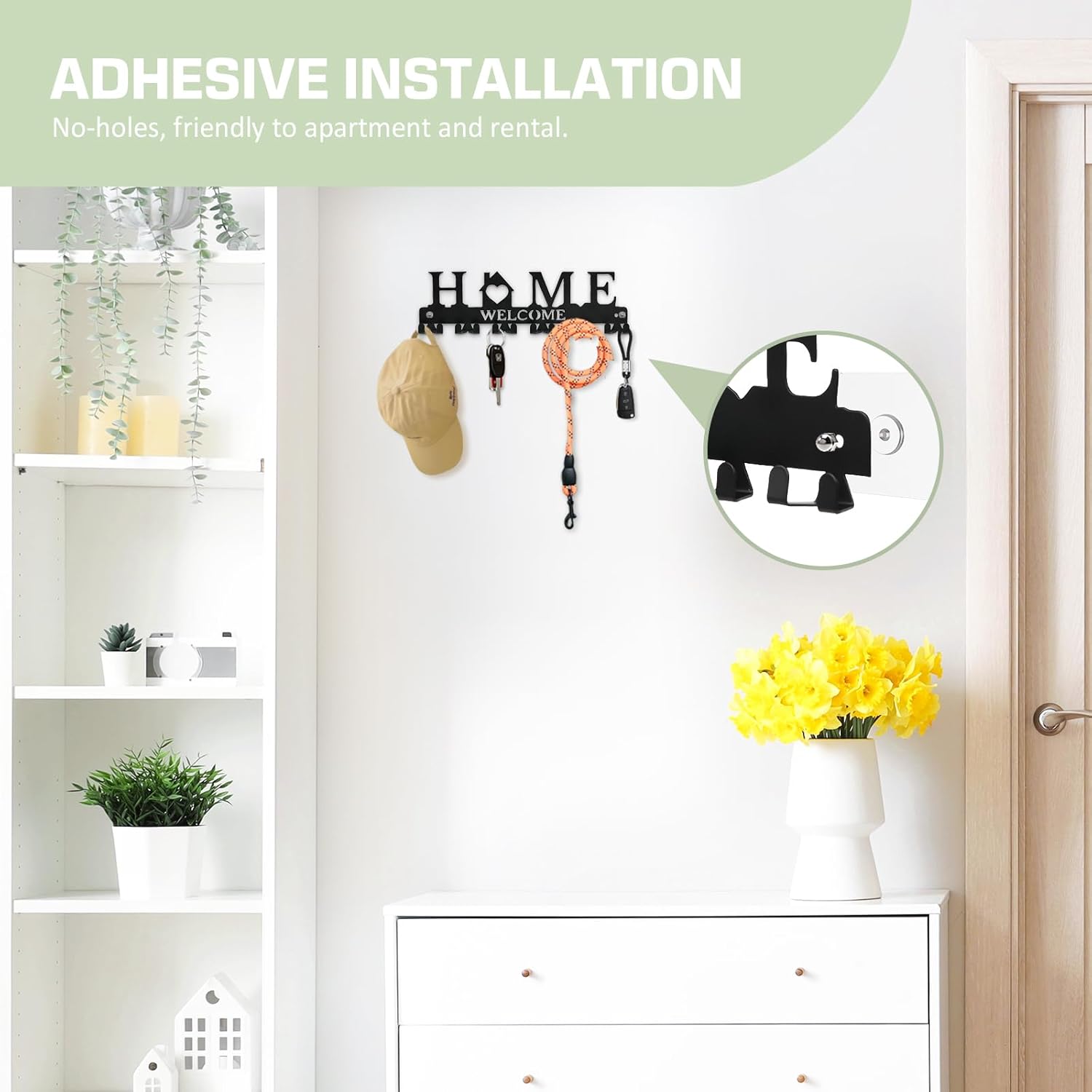 Key Holder Wall Mount, Adhesive Metal Key Hanger with 6 Double Hooks, 2 Installation Methods, Black