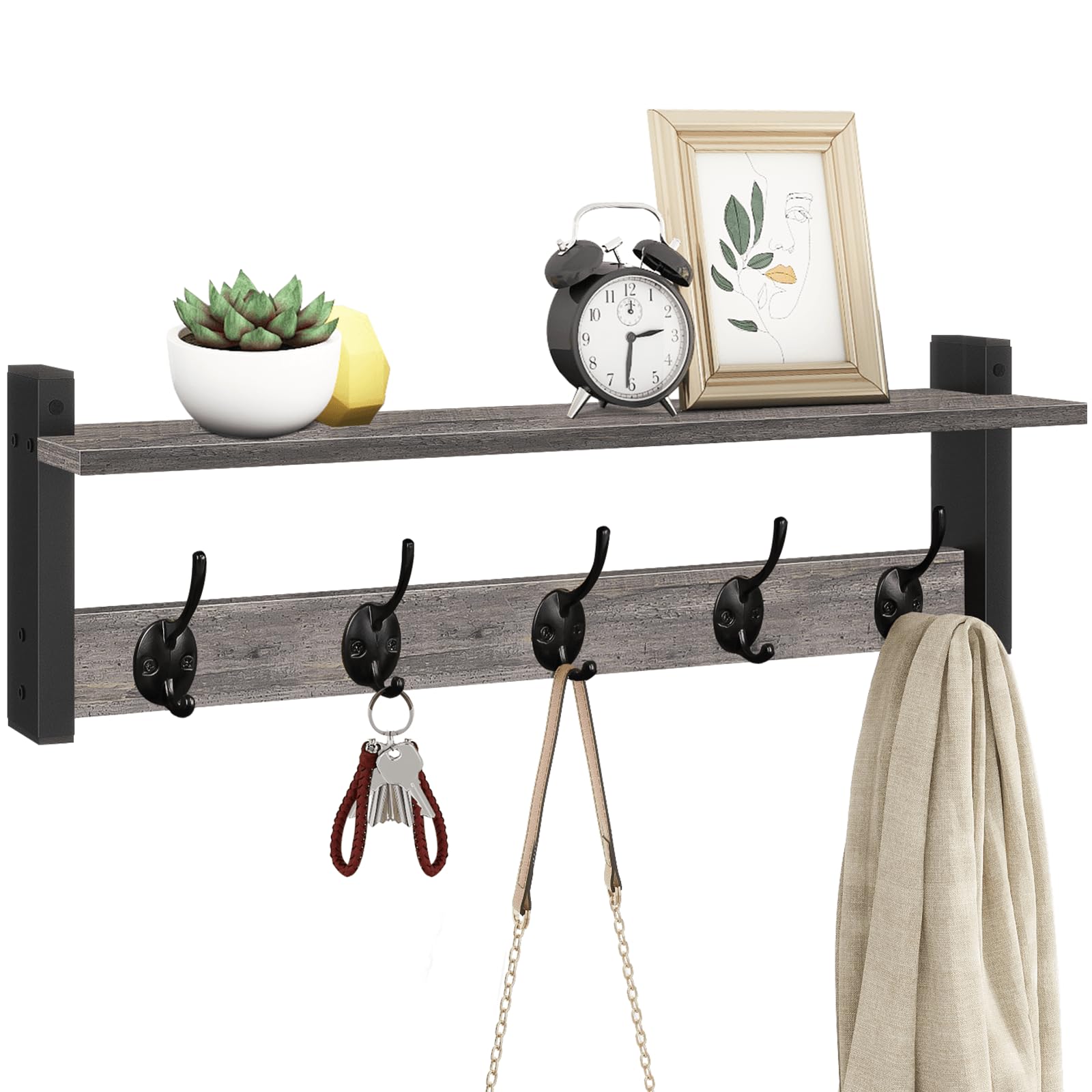 Homode Wall Hooks with Shelf, Wood Coat Rack with Shelf Wall-Mounted, Entryway Hanging Shelves with 5 Metal Hooks for Clothes Hats Towel Purse Robes, Bathroom Mudroom Bedroom, Rustic Brown Black