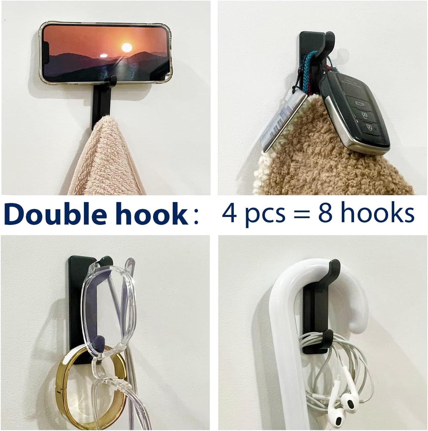 pickpiff Wall Hooks for Coat and Towel: 13LB Strong Adhesive Door Hanger Stick on, Black 4 Pack
