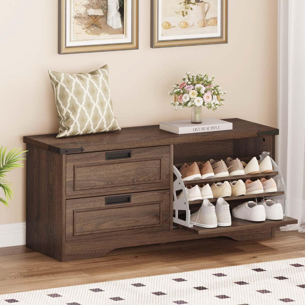 FATORRI Shoe Storage Bench, Entryway Bench with Flip Drawer, Wooden Entry Way Shoe Cabinet for Living Room Hallway (Rustic Oak+White Oak)