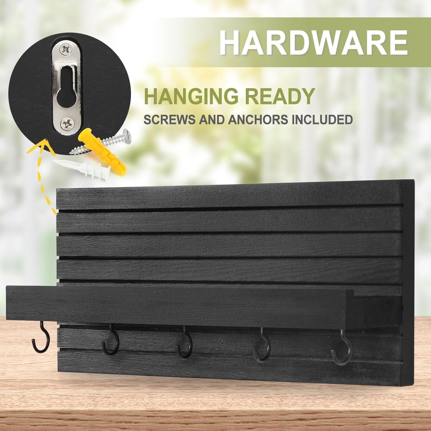 Lwenki Decorative Key Holder for Wall with Shelf, Entryway Shelf with Hooks Holds Leashes, Jackets and Glasses – Sturdy Wood Keyholder Entrance Hanger with Mounting Hardware (Black, Medium)